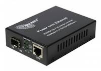 Schwarzes Glasfaser-Medienkonverter-Gehäuse mit der Bezeichnung „Power over Ethernet