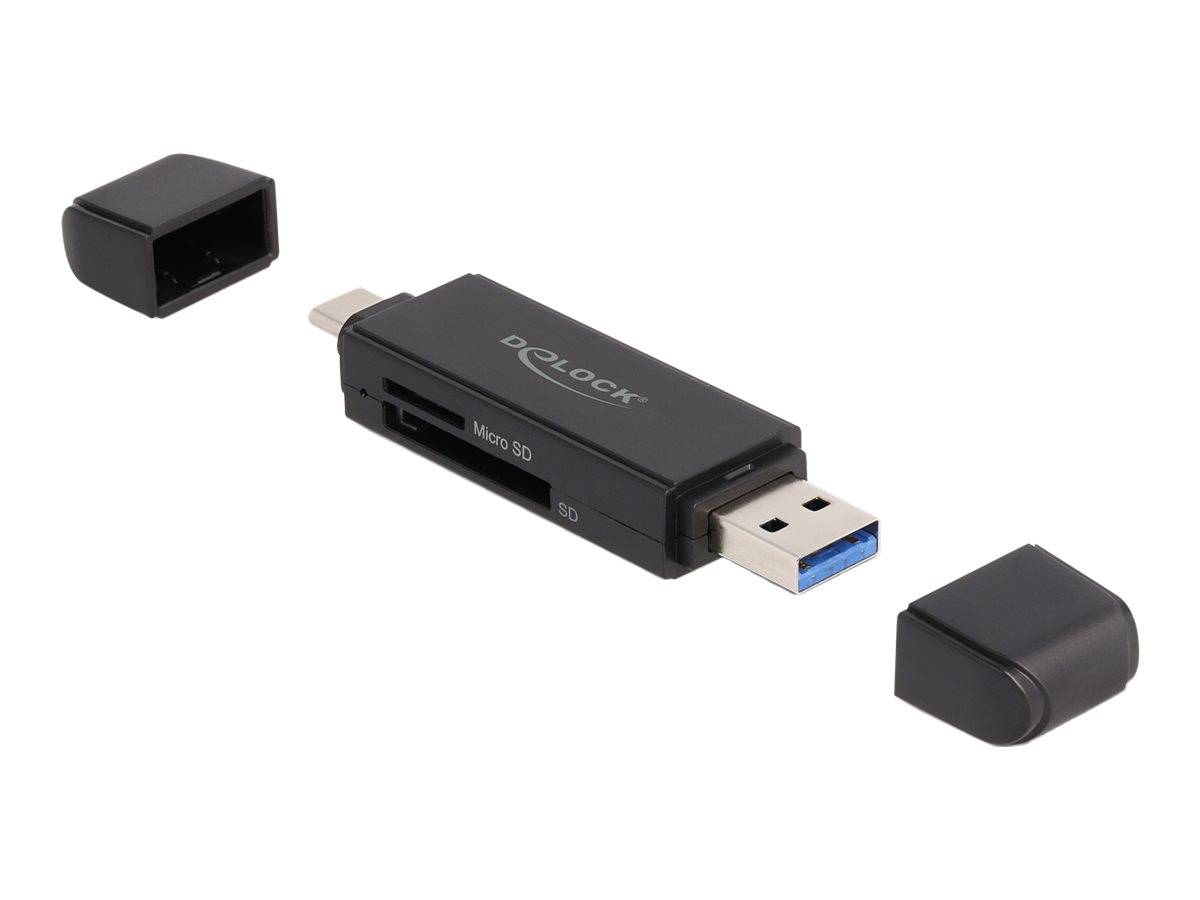 USB-Kartenlese­gerät mit microSD- und SD-Steckplätzen, abgebildet mit zwei abnehmbaren Schutzkappen und einem USB-A-Anschluss
