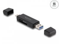 Ein kompakter schwarzer USB-3.0-Kartenleser mit zwei abnehmbaren Schutzkappen, gezeigt auf weißem Hintergrund mit einem '5 Gbps'-Abzeichen.