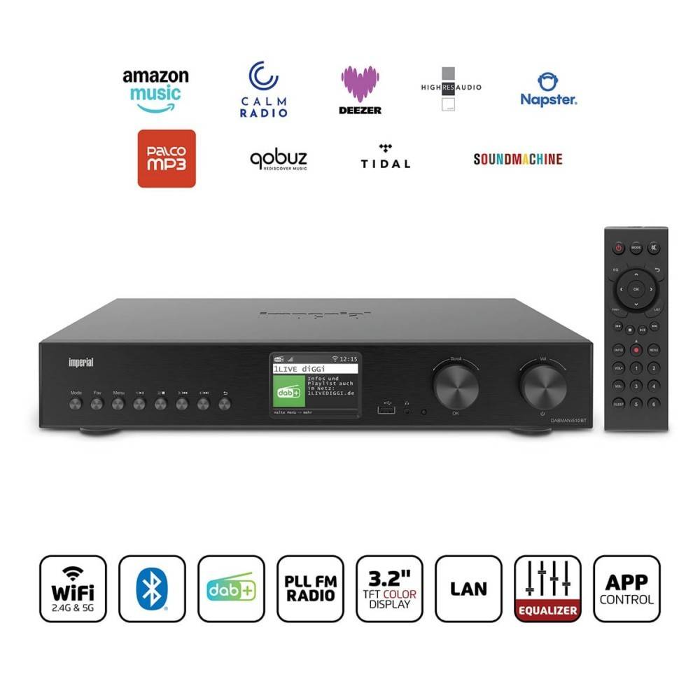 Schwarzer Netzwerk-Audio-Receiver mit Fernbedienung, gezeigt mit Logos von Streaming-Diensten und Funktionssymbolen für Wi-Fi, Bluetooth, DAB+, Radio, Farbdisplay, LAN, Equalizer und App-Steuerung.