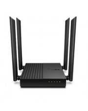 Schwarzer Wi-Fi-Router mit vier aufrecht stehenden Antennen auf weißem Hintergrund