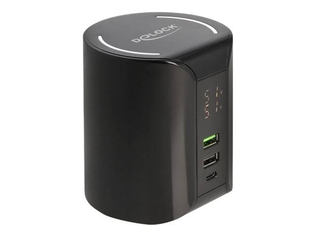 Schwarzer Delock USB-Hub mit einem grünen USB-Anschluss und zwei schwarzen Anschlüssen auf der Vorderseite, gezeigt auf weißem Hintergrund.