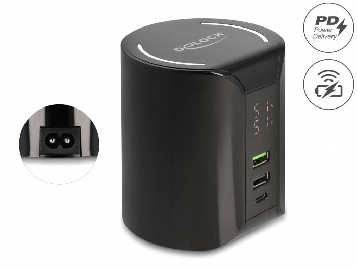 Schwarzes Delock Stromlieferungsladegerät mit zwei USB-Anschlüssen und einem seitlichen AC-Anschluss, dargestellt mit PD-Lade- und kabellosen Ladesymbolen.