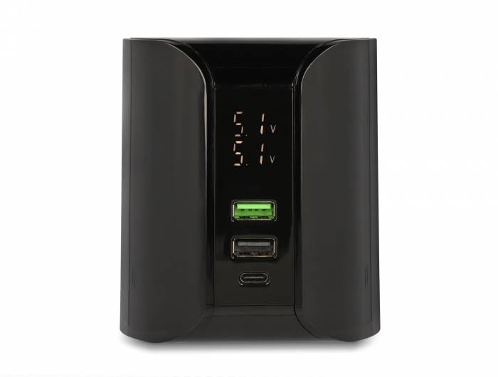Schwarze tragbare Powerbank mit digitaler Batterieentladungsanzeige, die 51 % anzeigt, ein USB-A-Anschluss und ein USB-C-Anschluss auf der Vorderseite.