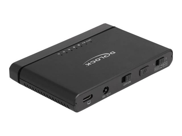 Schwarzes tragbares elektronisches Gerät mit Status-LEDs oben, USB-C-Anschluss, DC 12V Eingang und Netzschalter.