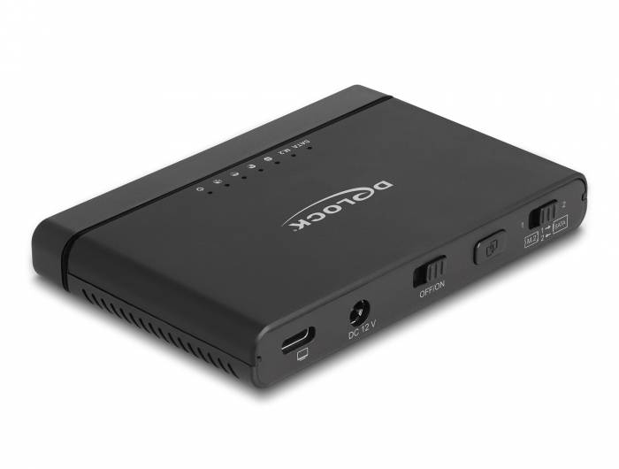 Tragbares Black Dolock-Gerät mit LED-Indikatoren, USB-C-Anschluss, DC-12V-Buchse und Ein-/Ausschalter auf weißem Hintergrund.