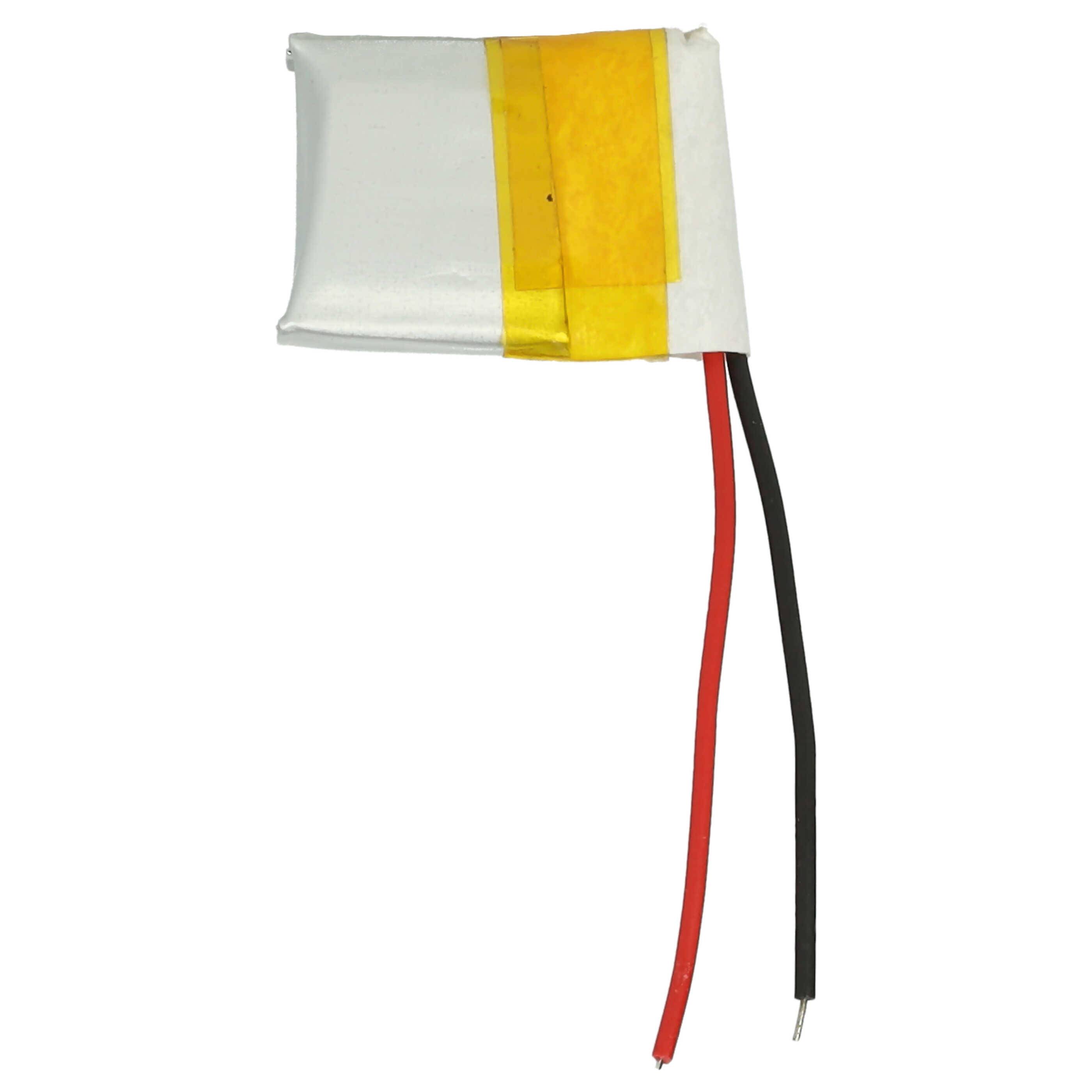 Eine kleine rechteckige Lithium-Polymer-Batterie mit gelbem Klebeband oben, verbunden mit roten und schwarzen Drähten, auf weißem Hintergrund.