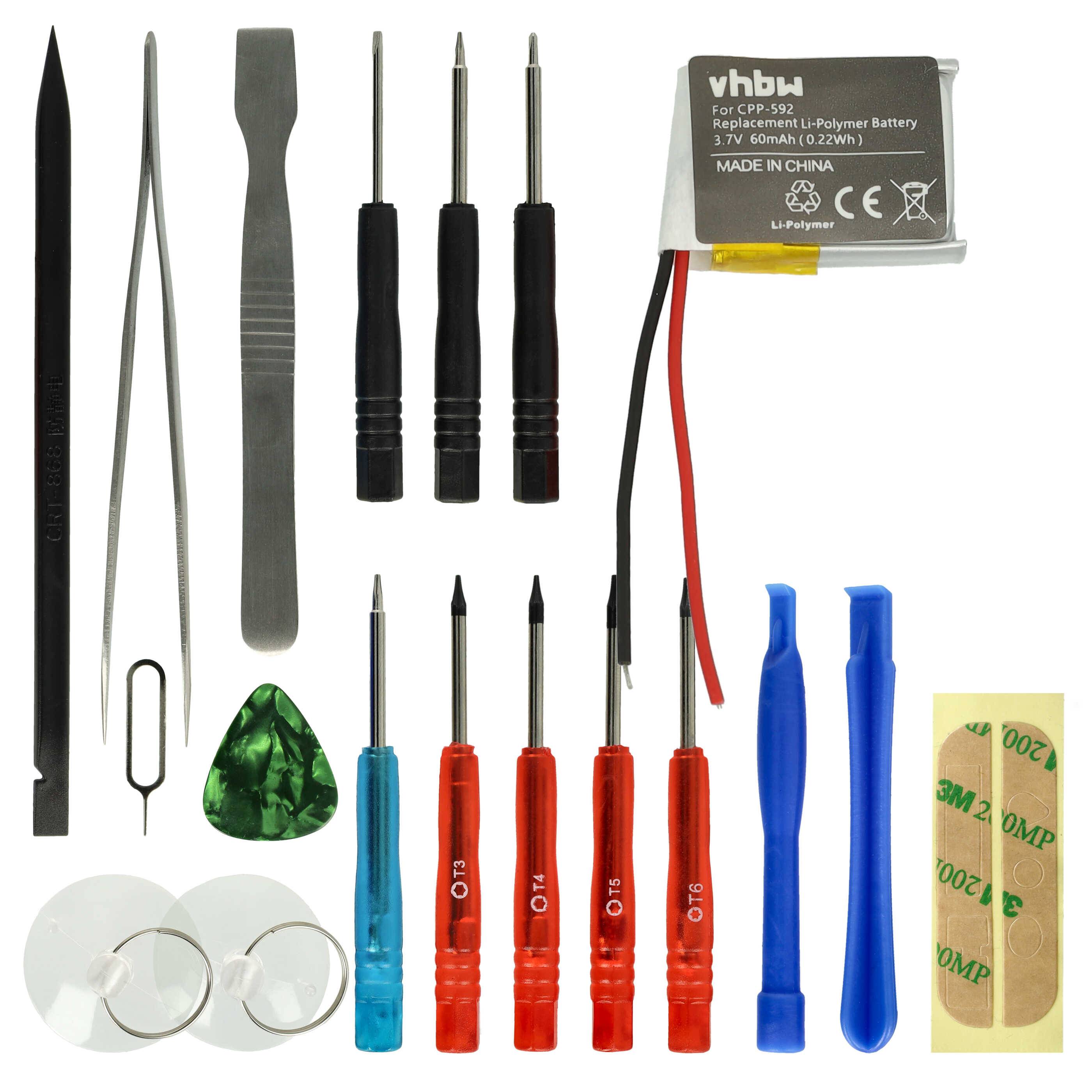 Ein Satz elektronischer Reparaturwerkzeuge bestehend aus Schraubendrehern, Pinzetten, einer Batterie, einem SIM-Auswurfwerkzeug und Klebestreifen.