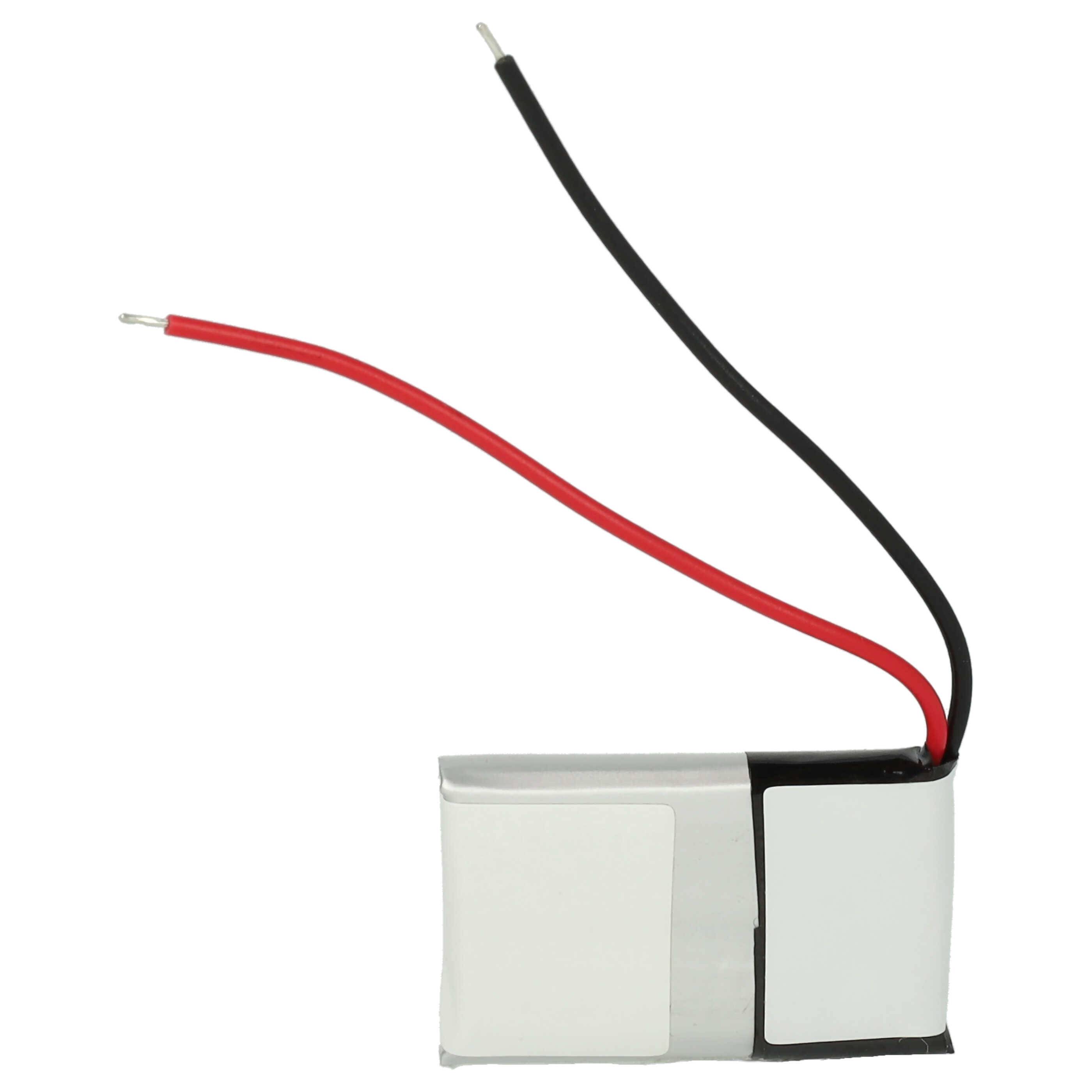 Eine kleine rechteckige Lithium-Polymer-Batterie mit einem roten und einem schwarzen Draht, die zum Betrieb elektronischer Geräte verwendet wird.