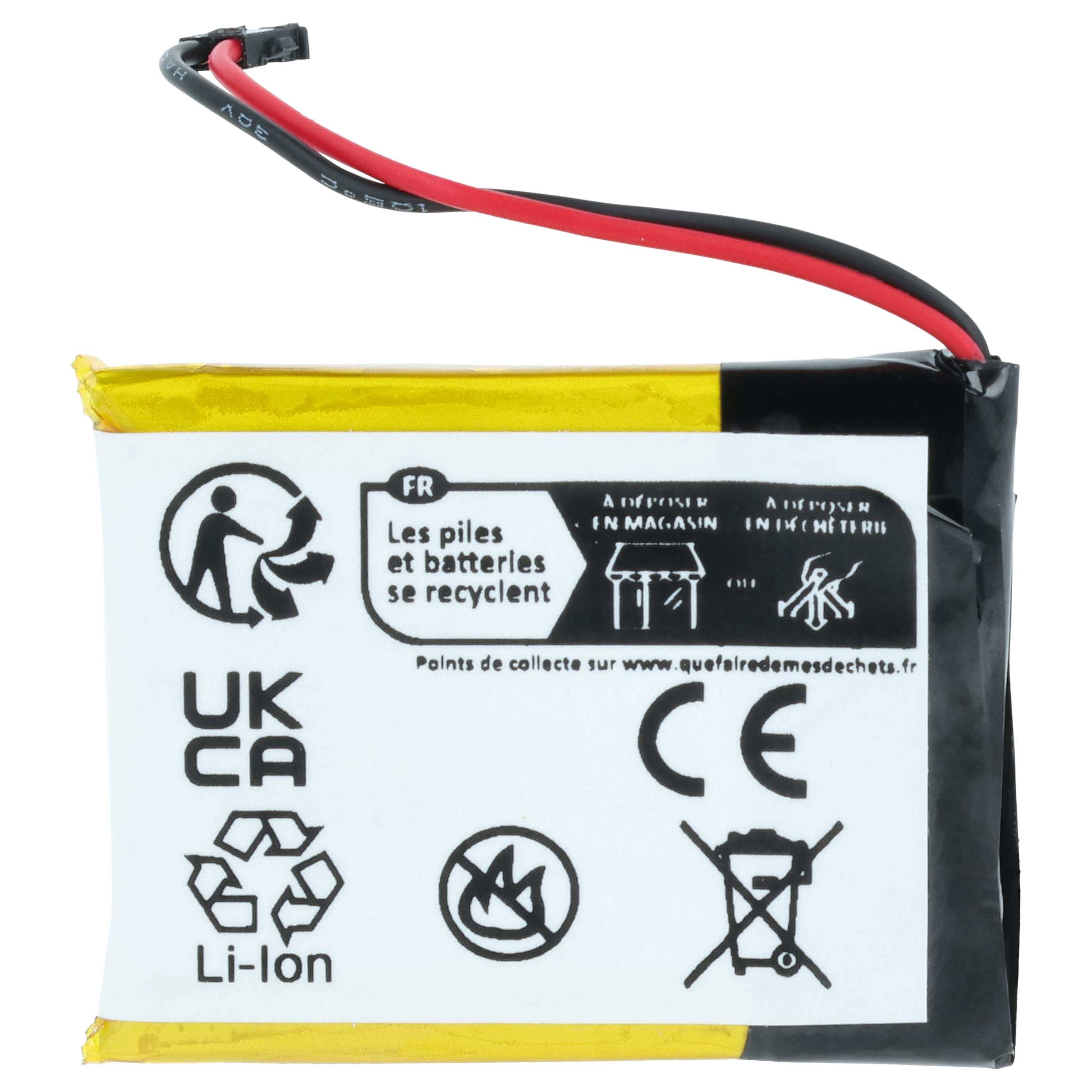 Lithium-Ionen-Batterie mit Recycling-Symbolen, UKCA- und CE-Zeichen sowie Warnhinweisen gegen unsachgemäße Entsorgung.
