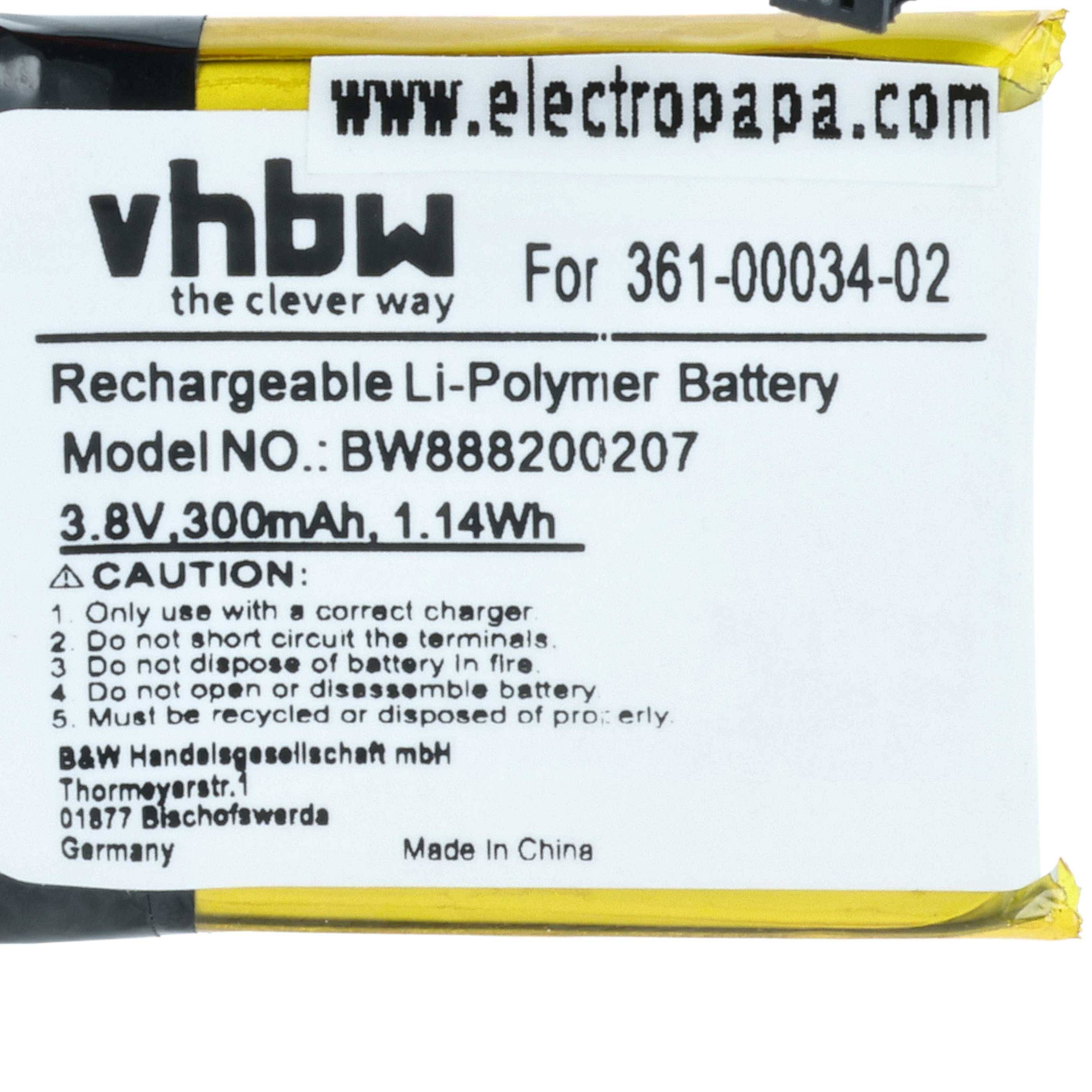 vhbw Lithium-Polymer-Akku, Modell BW88B2007, 3,8V, 300mAh, 1,14Wh. Made in China. Vorsicht: Bedienungsanleitung vor Gebrauch lesen.
