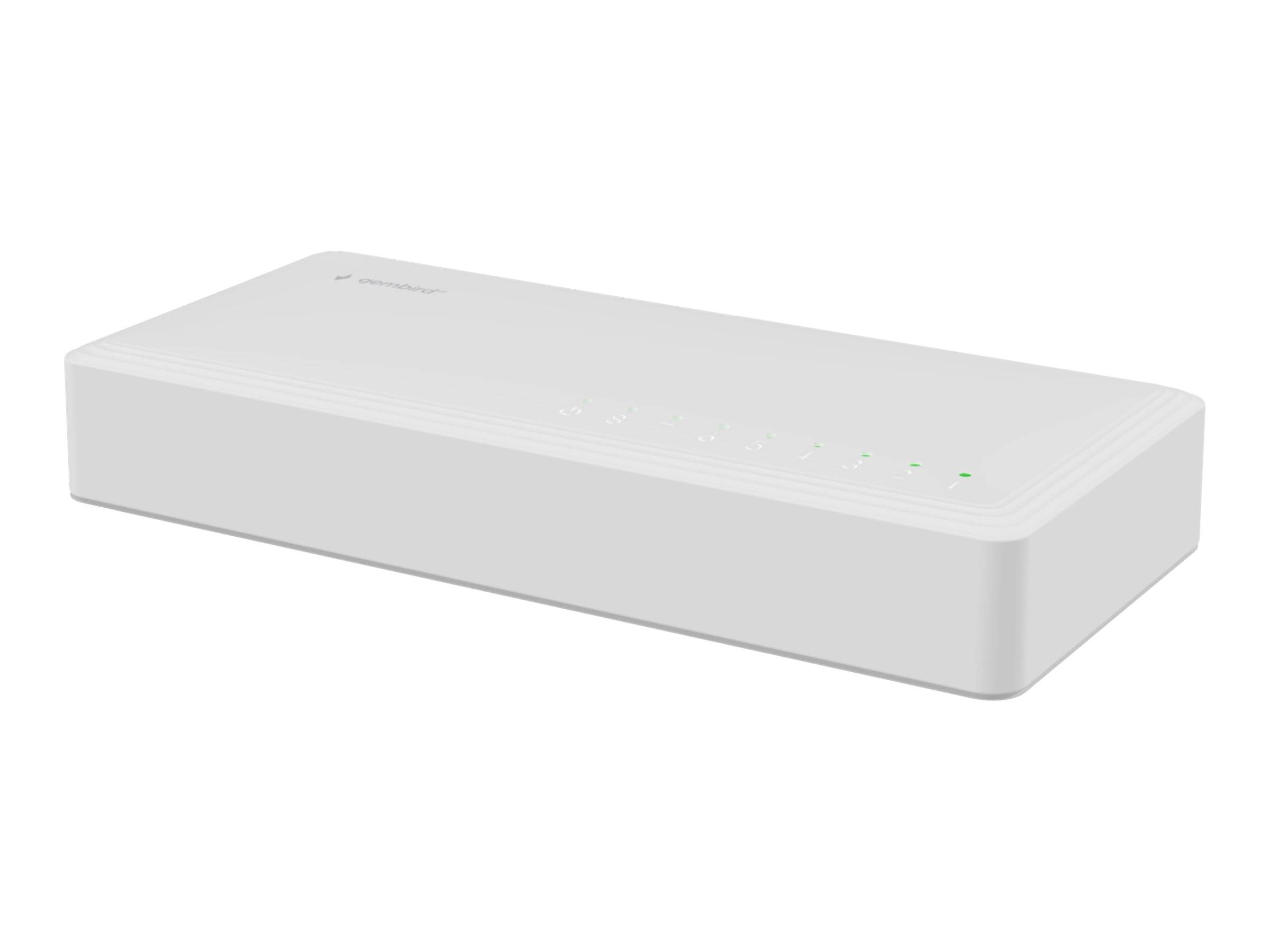 Weißer rechteckiger Netzwerk-Router mit abgerundeten Kanten und kleinen Statusleuchten oben, gezeigt vor einem einfachen weißen Hintergrund.