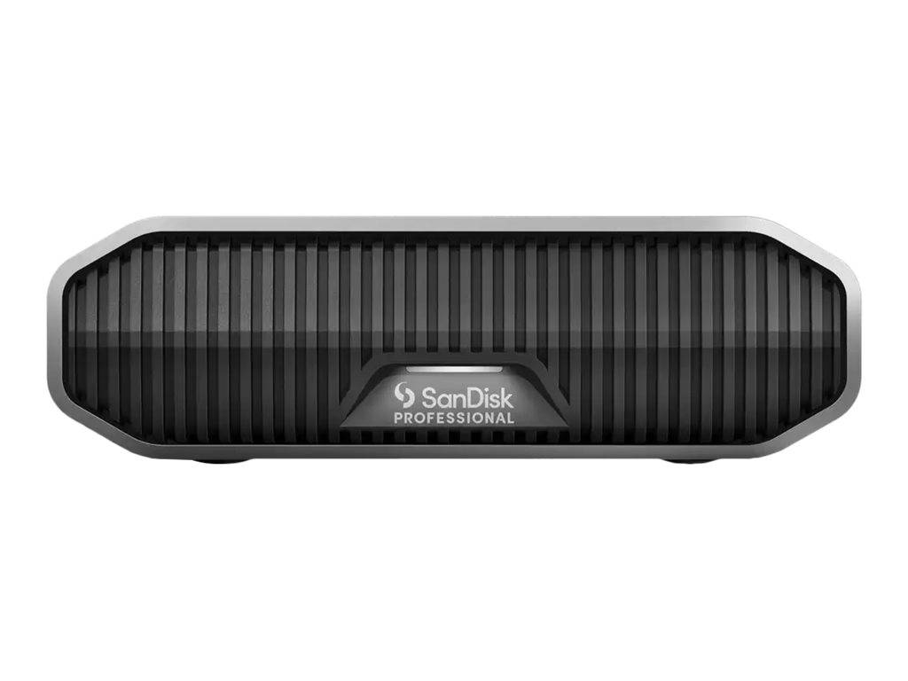 Externe SanDisk Professional Festplatte in Schwarz mit geripptem rechteckigem Gehäuse und zentriertem Logo, auf weißem Hintergrund dargestellt.