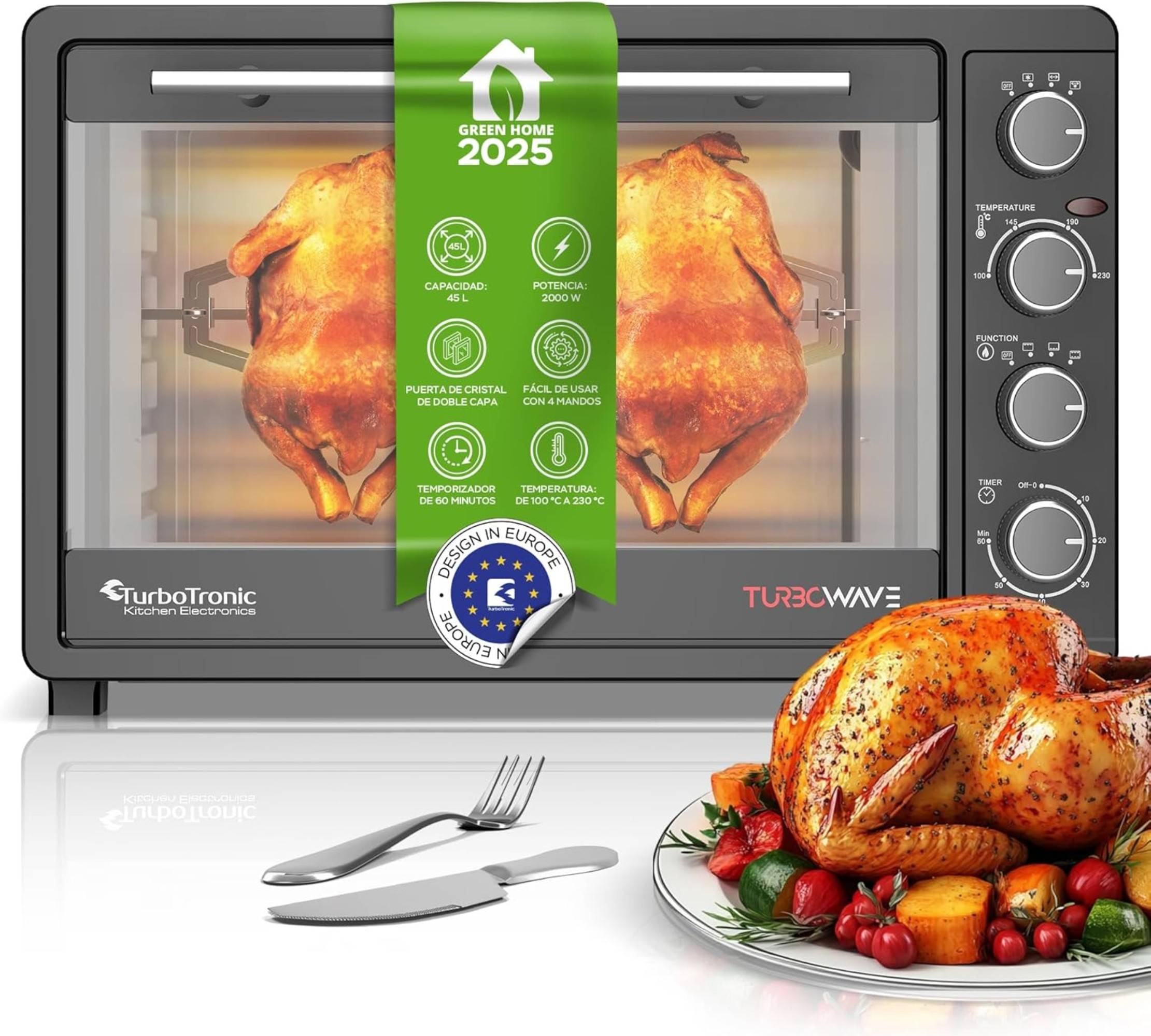 TurboTronic Minibackofen mit Umluft und Drehspieß 45 Liter, Schwarz, inkl. 2x Backblech, 2000W Mini Tisch Backofen Camping Pizzaofen Klein/Groß