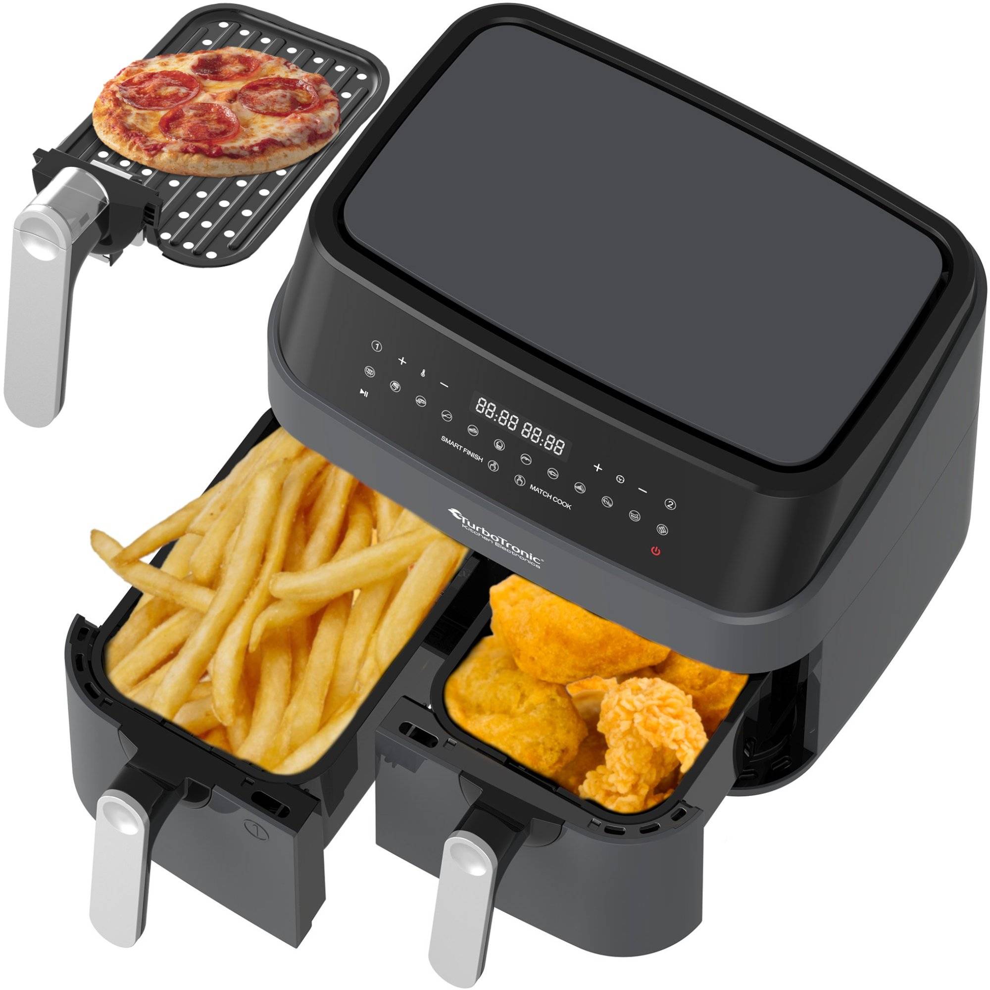 TurboTronic Heißluftfritteuse XXL doppel Airfryer 1600W / 9L (2x 4,5L Kammer) 12 Programme ohne Fett Öl Dual Luftfritteuse Air Friteuse Power