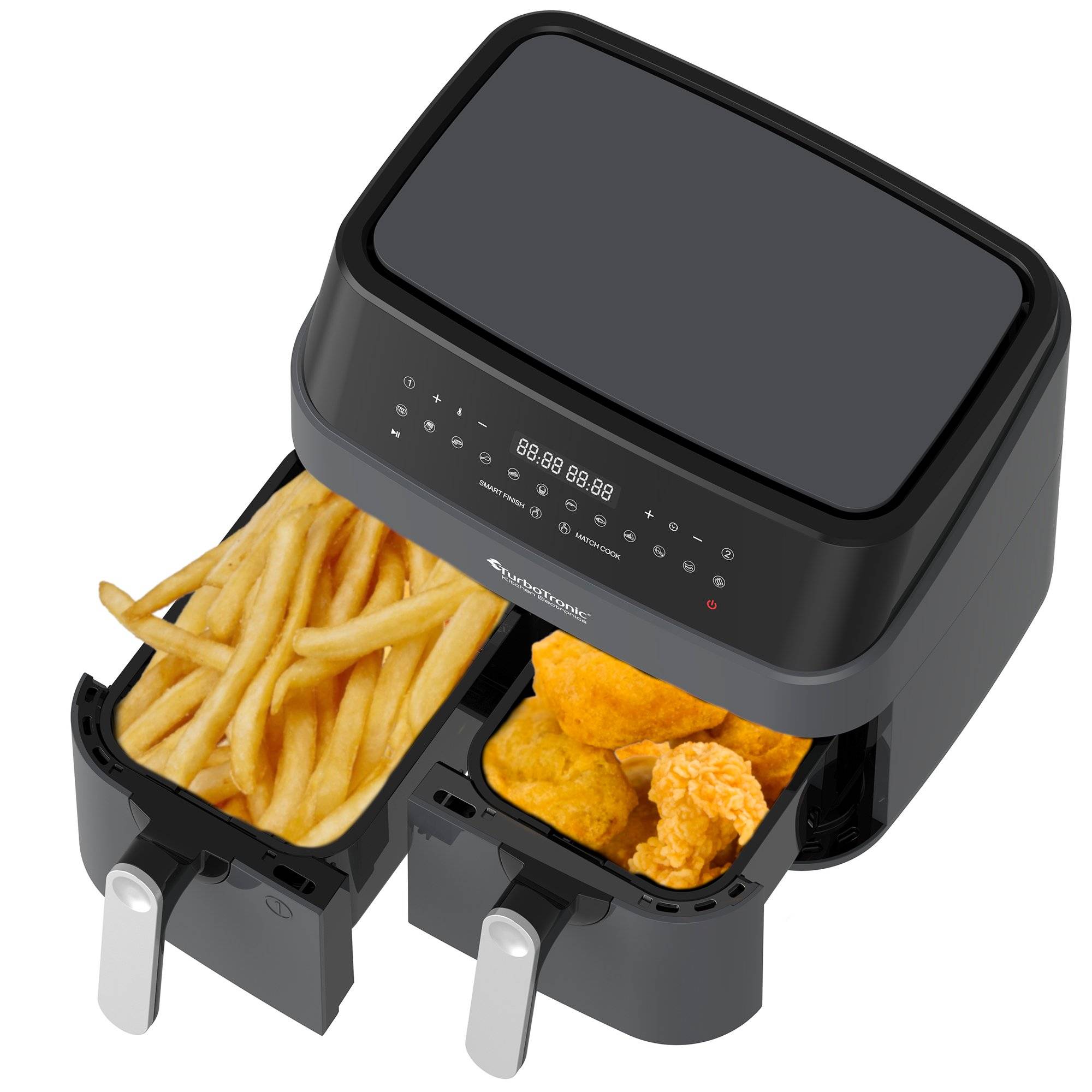 TurboTronic Heißluftfritteuse XXL doppel Airfryer 1600W / 9L (2x 4,5L Kammer) 12 Programme ohne Fett Öl Dual Luftfritteuse Air Friteuse Power