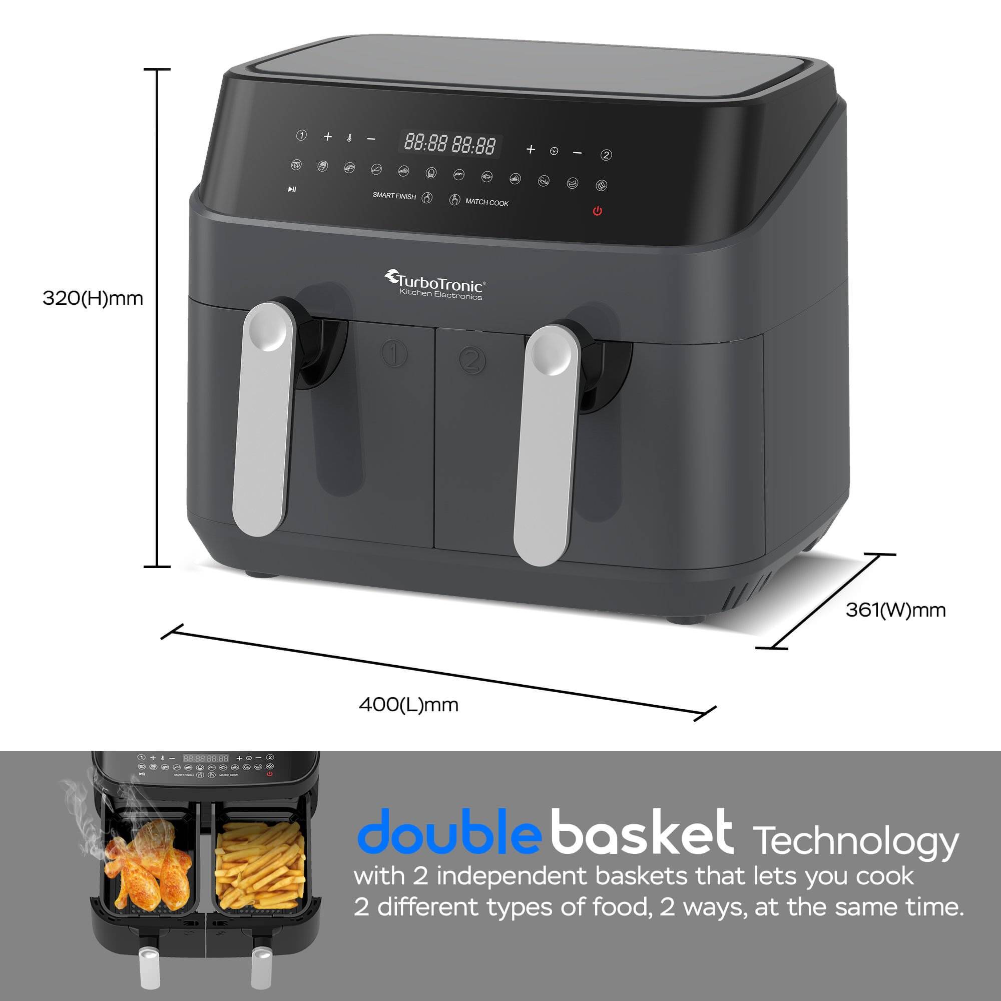 TurboTronic Heißluftfritteuse XXL doppel Airfryer 1600W / 9L (2x 4,5L Kammer) 12 Programme ohne Fett Öl Dual Luftfritteuse Air Friteuse Power