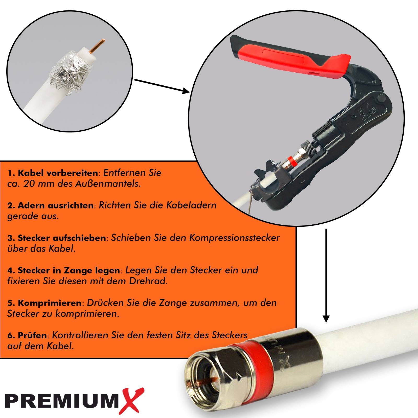 PremiumX XCon CT-100 Kompressionszange Presszange Zange F-Kompressionsstecker F-Stecker BNC RCA Koaxialkabel RG59 RG6 RG11 SAT TV Kabel