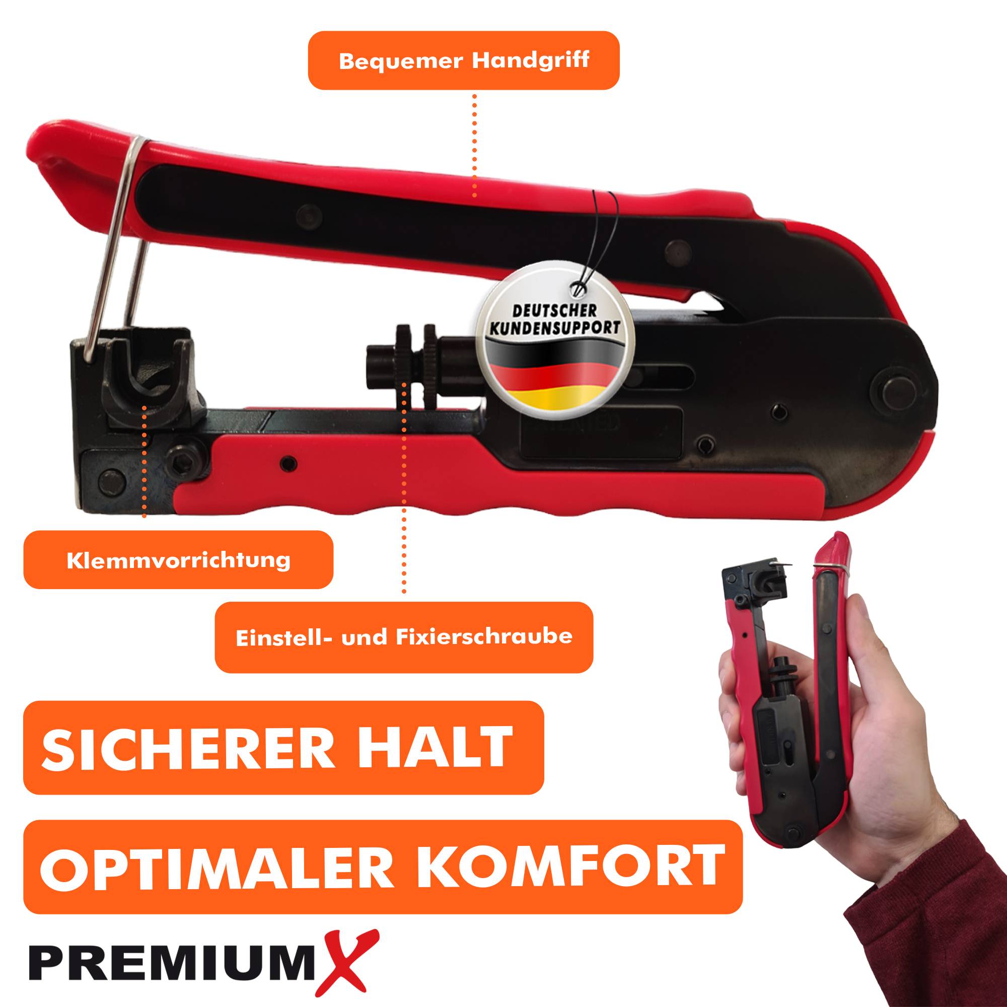 PremiumX Kompressionszange CT-200 für F-Stecker RG59 RG6 RG11 | Professionelle Presszange für Koaxialkabel SAT TV Antennenkabel | Metall Zange werkz