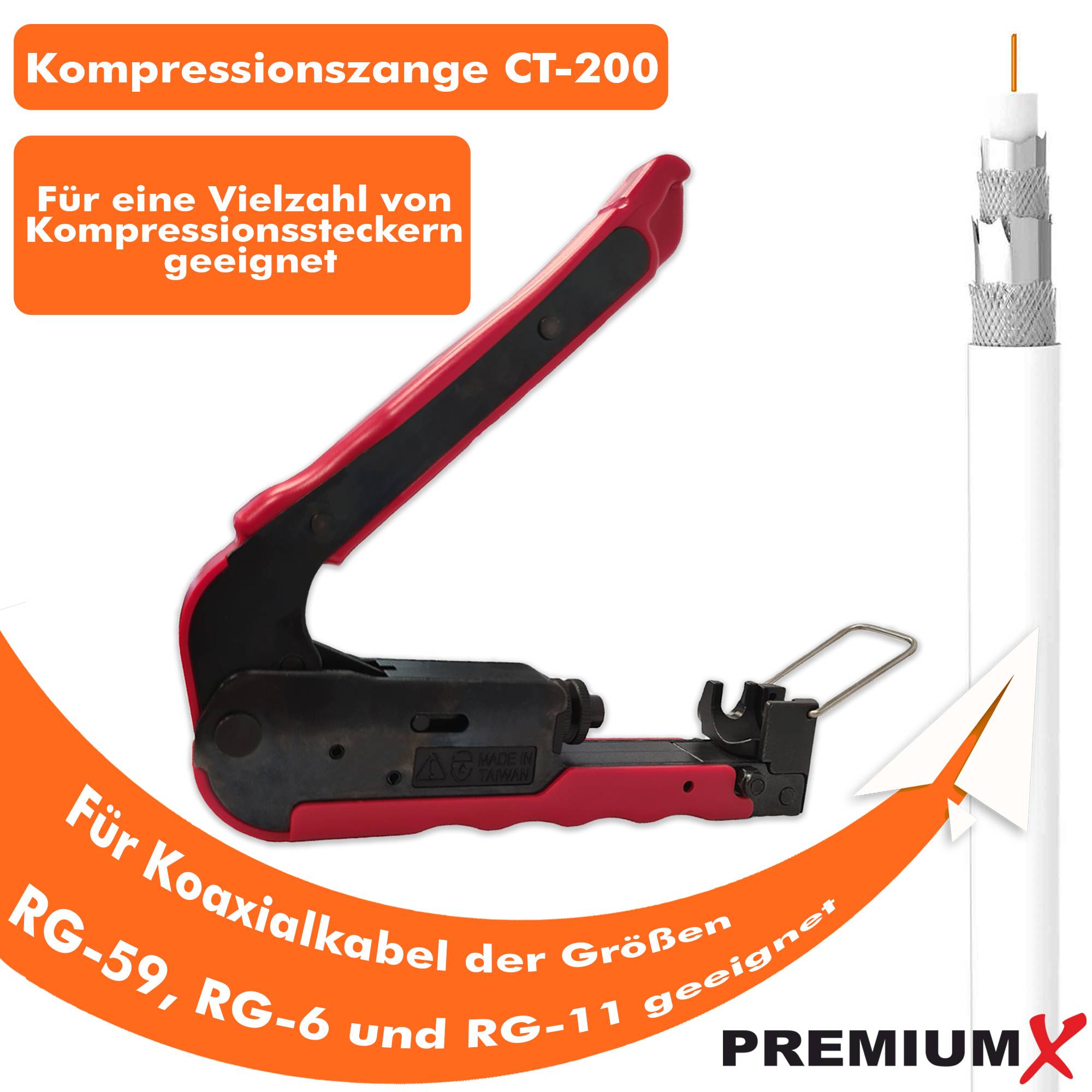 PremiumX Kompressionszange CT-200 für F-Stecker RG59 RG6 RG11 | Professionelle Presszange für Koaxialkabel SAT TV Antennenkabel | Metall Zange werkz