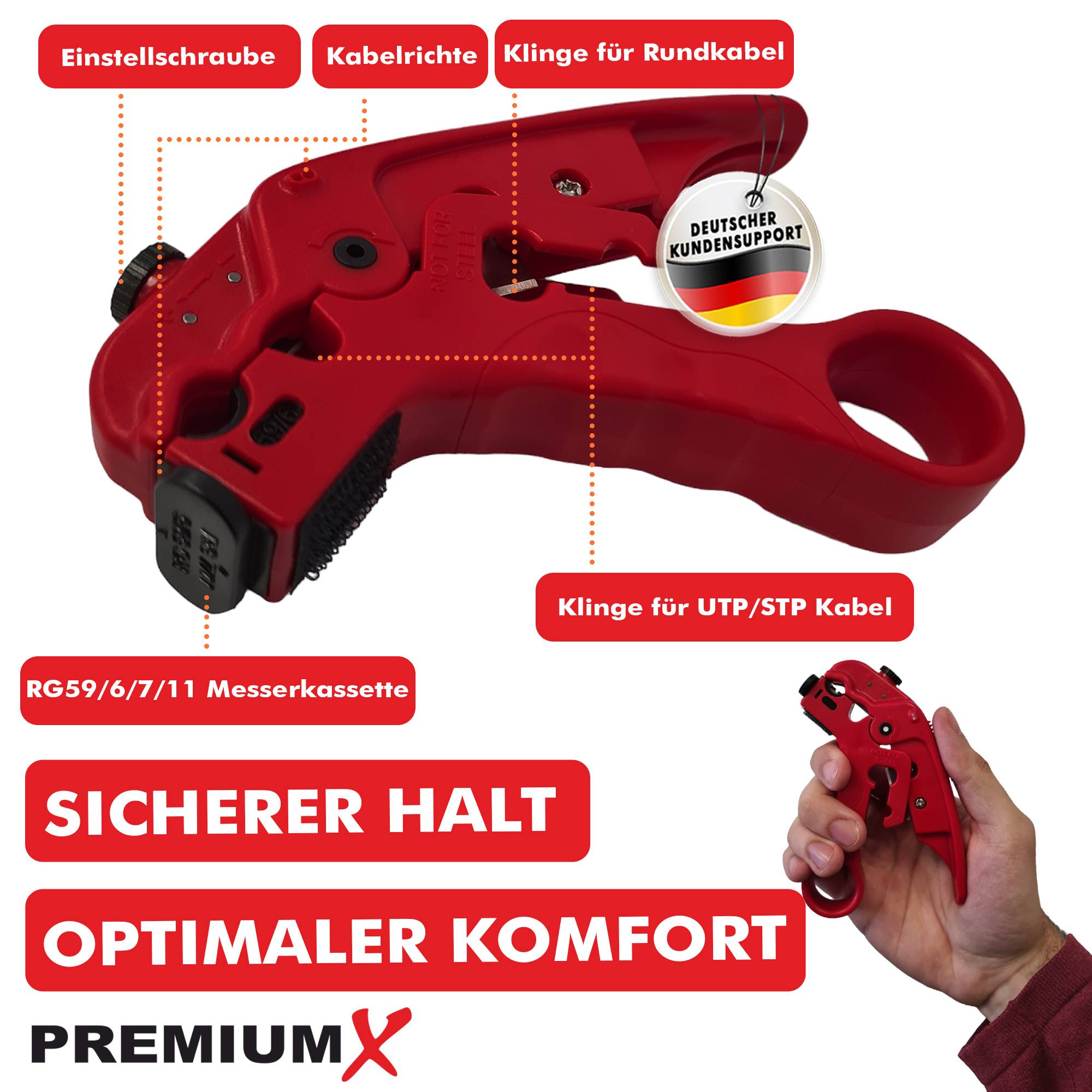 PremiumX Abisolierer XCon CS-100 Universal 2-Stufen Abisolierwerkzeug Kabel Netzwerkkabel Koaxialkabel Kabelwerkzeug Entmanteler
