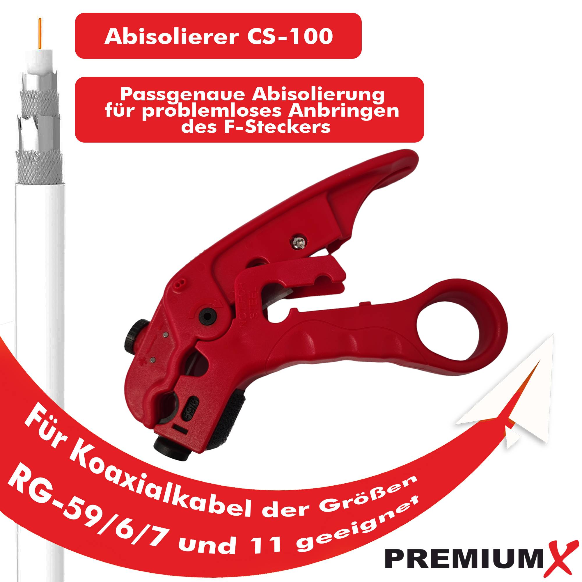 PremiumX Abisolierer XCon CS-100 Universal 2-Stufen Abisolierwerkzeug Kabel Netzwerkkabel Koaxialkabel Kabelwerkzeug Entmanteler