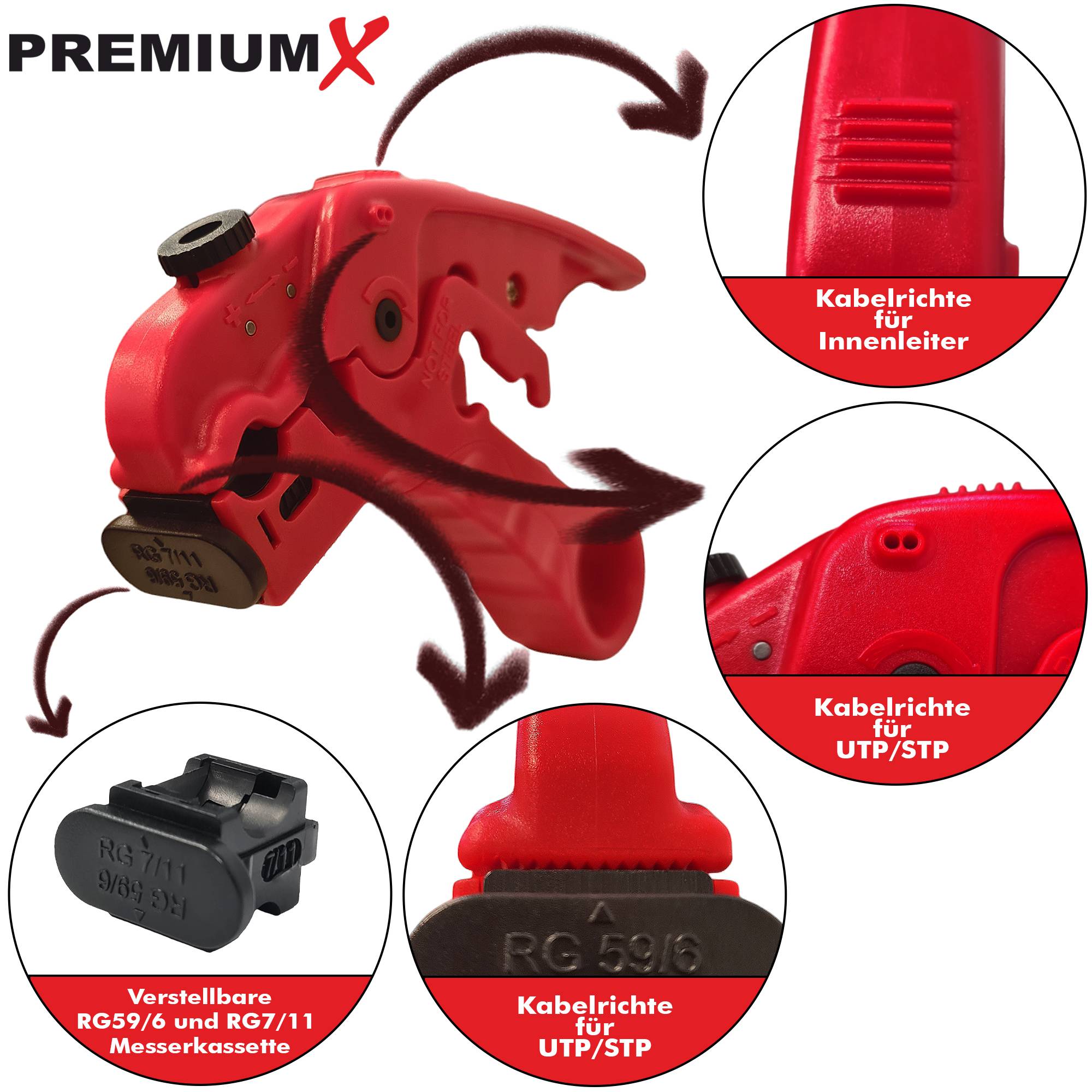 PremiumX Abisolierer XCon CS-100 Universal 2-Stufen Abisolierwerkzeug Kabel Netzwerkkabel Koaxialkabel Kabelwerkzeug Entmanteler