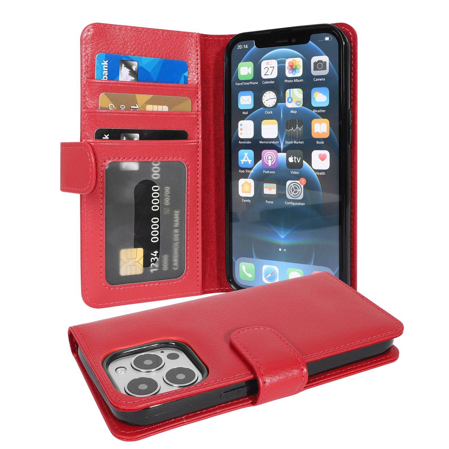 Cadorabo Hülle für Apple iPhone 13 PRO in Rot Backcover Handy Schutz Hülle Book Case Booklet Kartenfächer