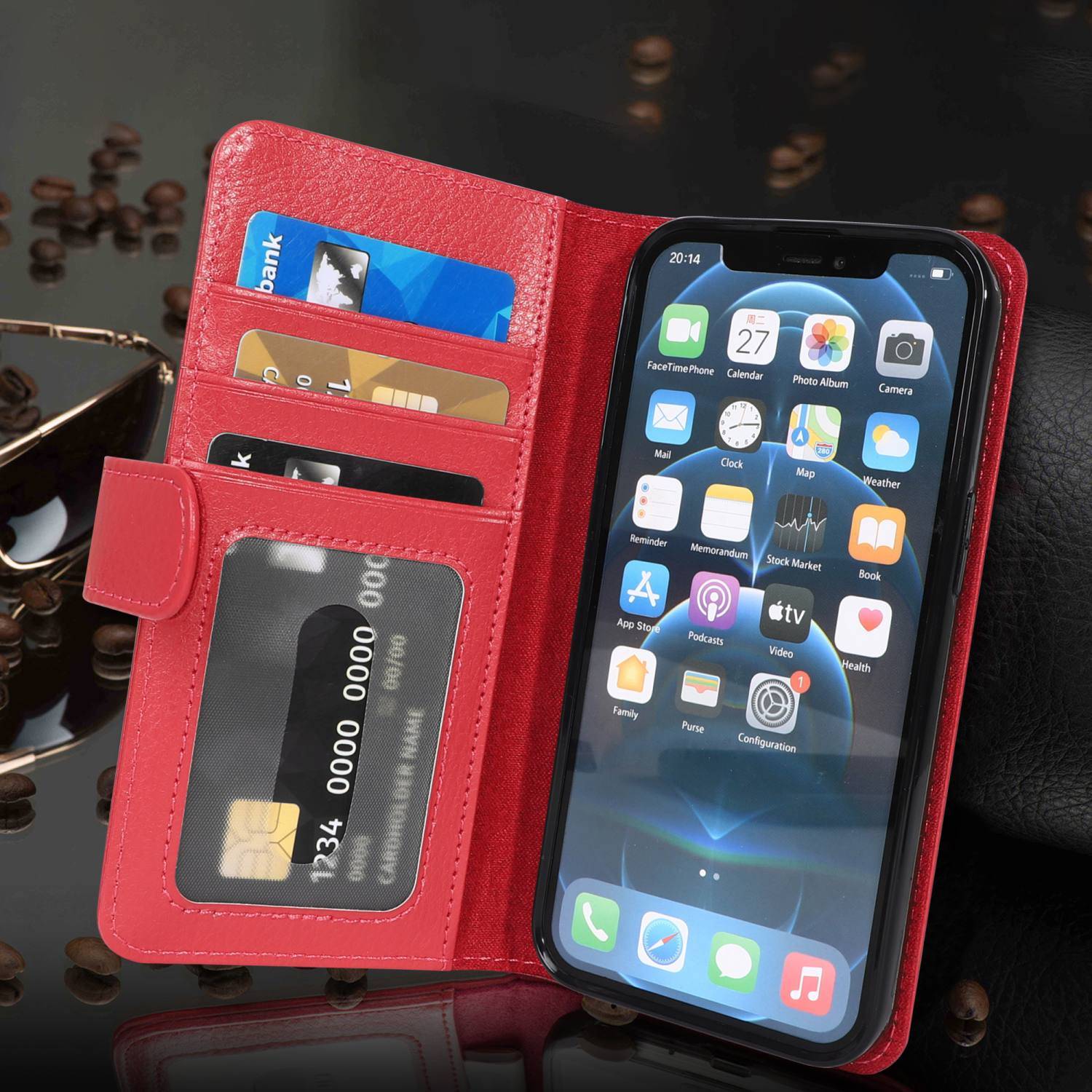 Cadorabo Hülle für Apple iPhone 13 PRO in Rot Backcover Handy Schutz Hülle Book Case Booklet Kartenfächer