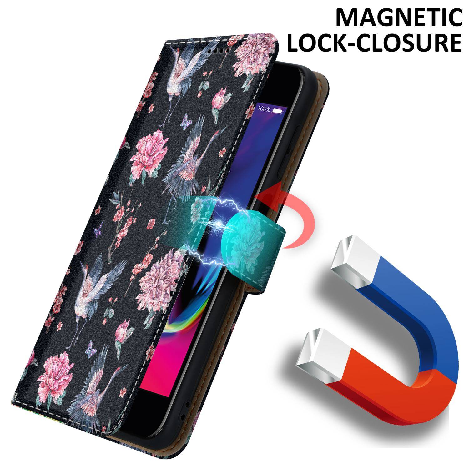 Cadorabo Schutzhülle für Apple iPhone 7 / 7S / 8 / SE 2020 Hülle Design Schwarz Handyhülle Schutzhülle Etui Magnetisch