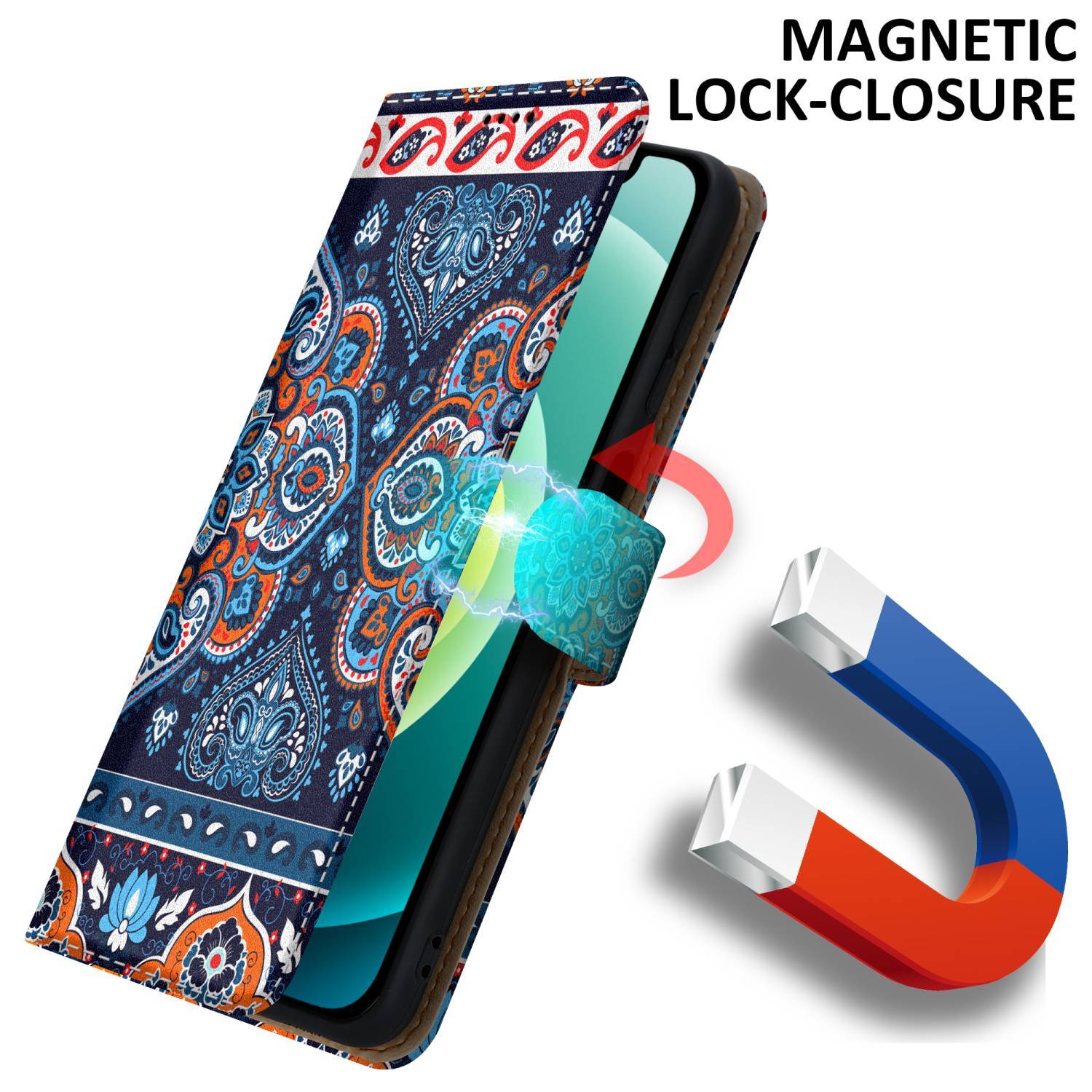 Cadorabo Schutzhülle für Apple iPhone 12 MINI Hülle Design Blau Handyhülle Schutzhülle Etui Magnetisch Case Cover