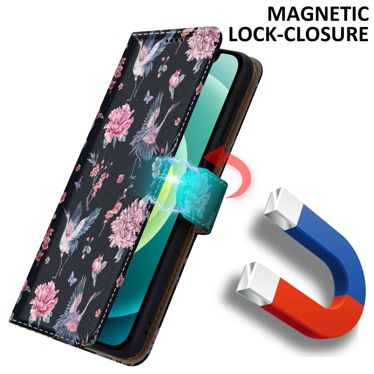 Cadorabo Schutzhülle für Apple iPhone 12 MINI Hülle Design Schwarz Handyhülle Schutzhülle Etui Magnetisch Case Cover