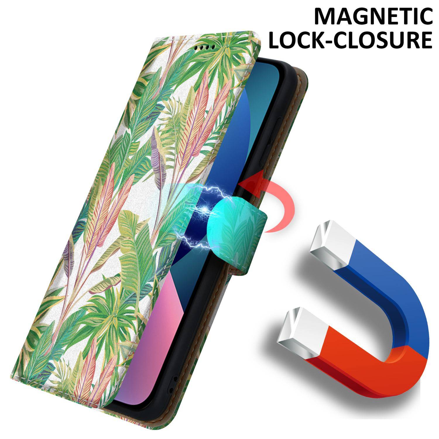 Cadorabo Schutzhülle für Apple iPhone 13 MINI Hülle Design Grüner Regenwald No.8 Handyhülle Schutzhülle Etui Magnetisch