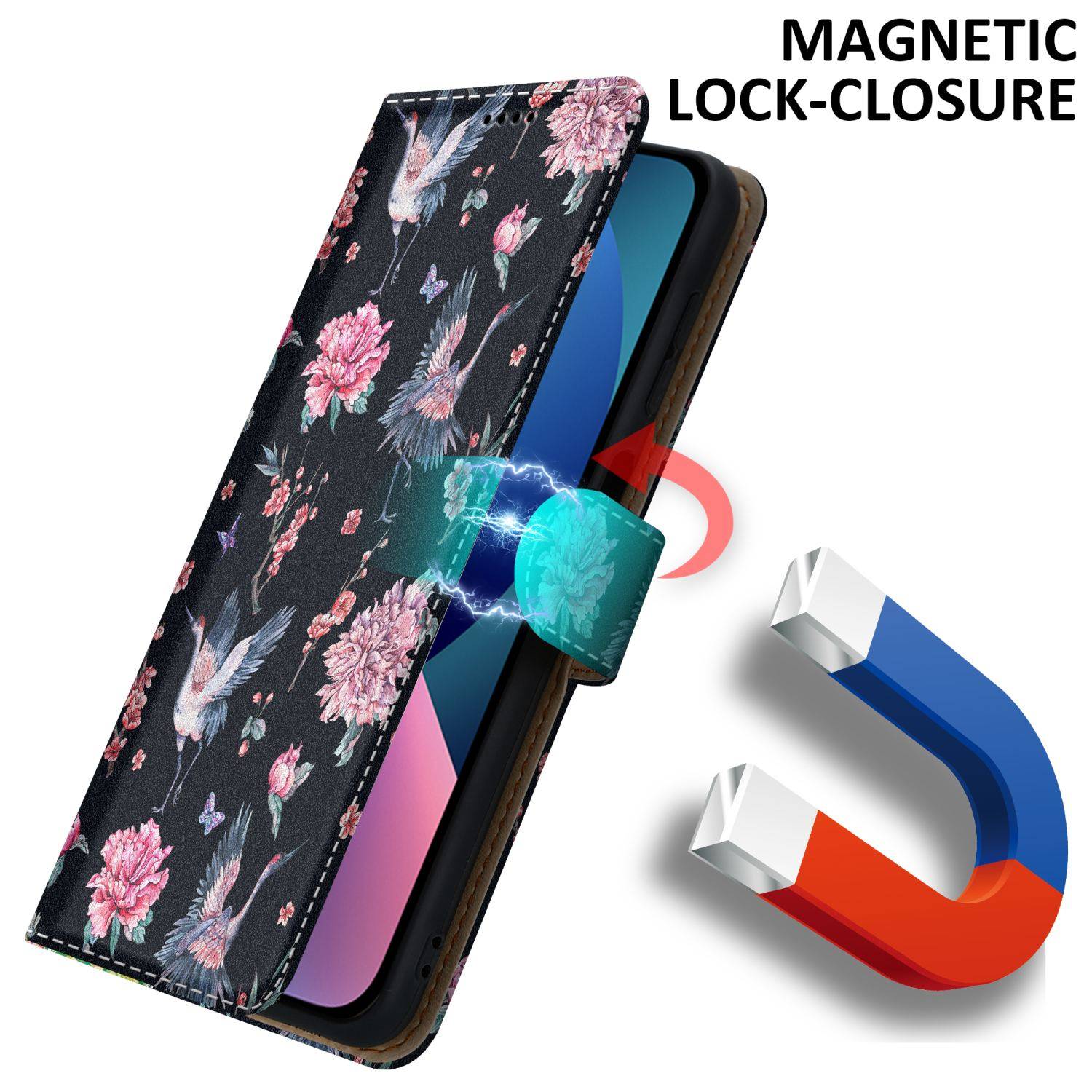 Cadorabo Schutzhülle für Apple iPhone 13 MINI Hülle Design Schwarz Handyhülle Schutzhülle Etui Magnetisch Case Cover