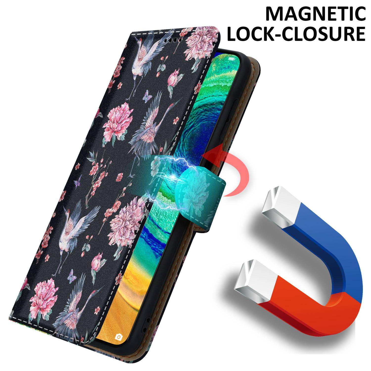 Cadorabo Schutzhülle für Huawei MATE 30 Hülle Design Schwarz Handyhülle Schutzhülle Etui Magnetisch Case Cover