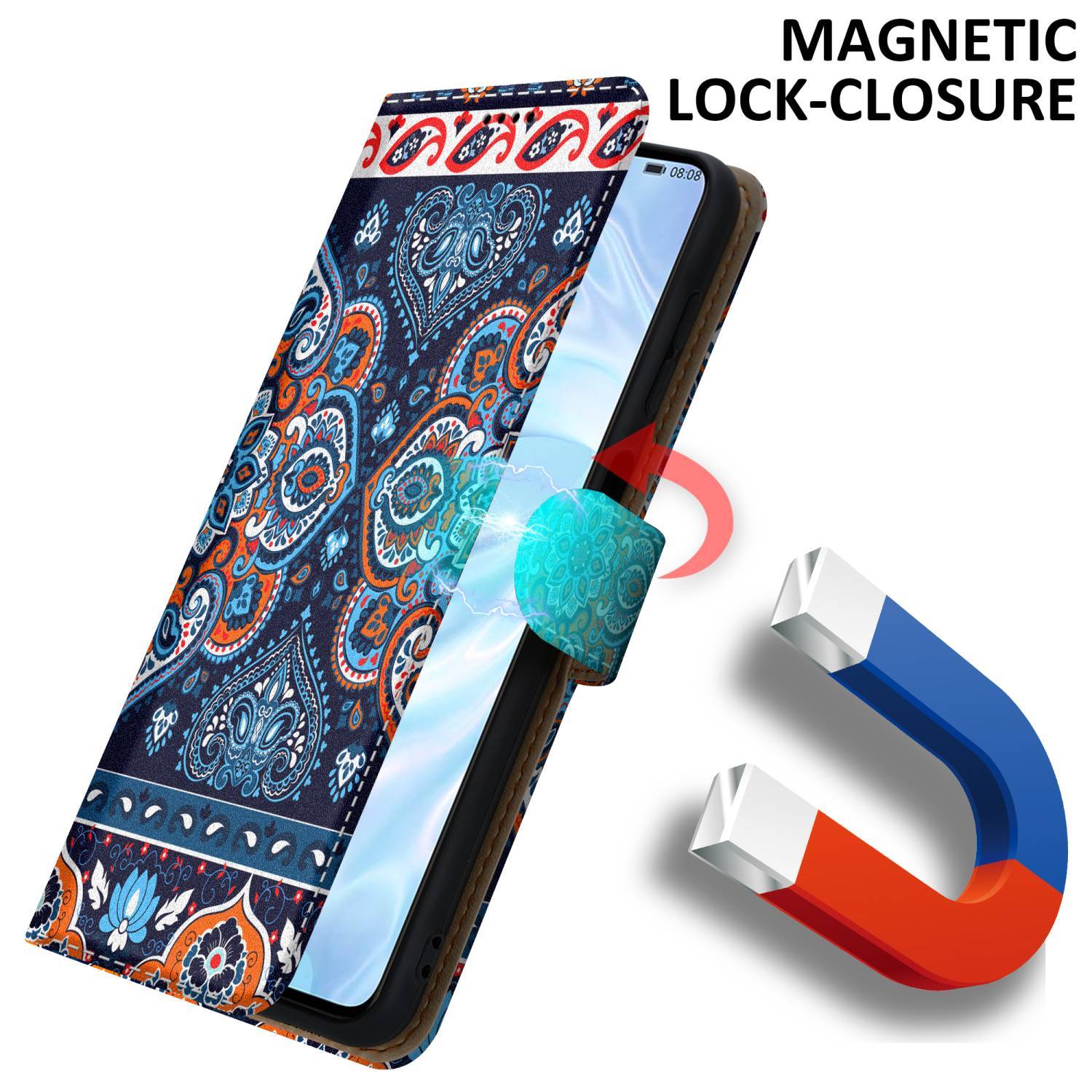 Cadorabo Schutzhülle für Huawei P30 Hülle Design Blau Handyhülle Schutzhülle Etui Magnetisch Case Cover