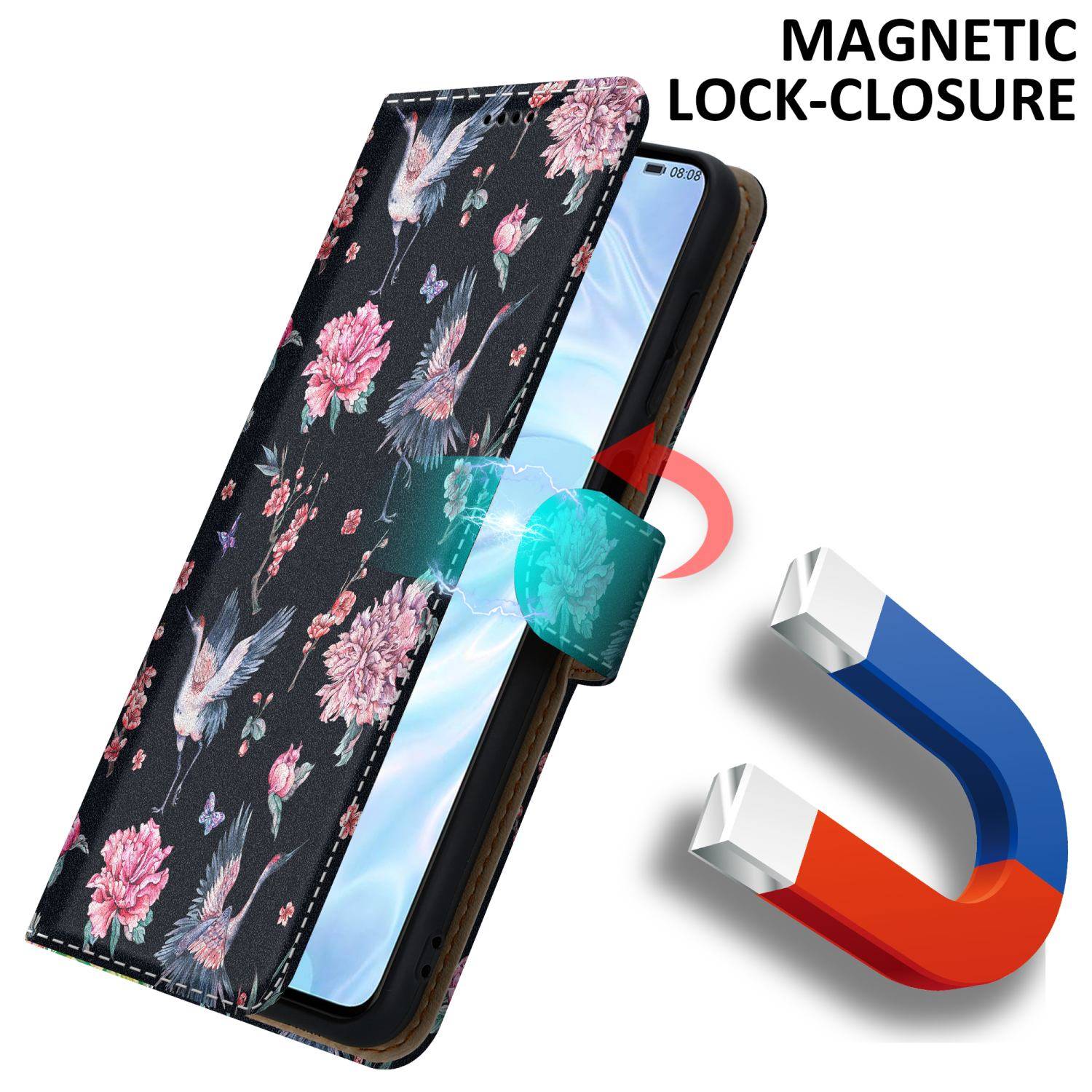 Cadorabo Schutzhülle für Huawei P30 Hülle Design Schwarz Handyhülle Schutzhülle Etui Magnetisch Case Cover