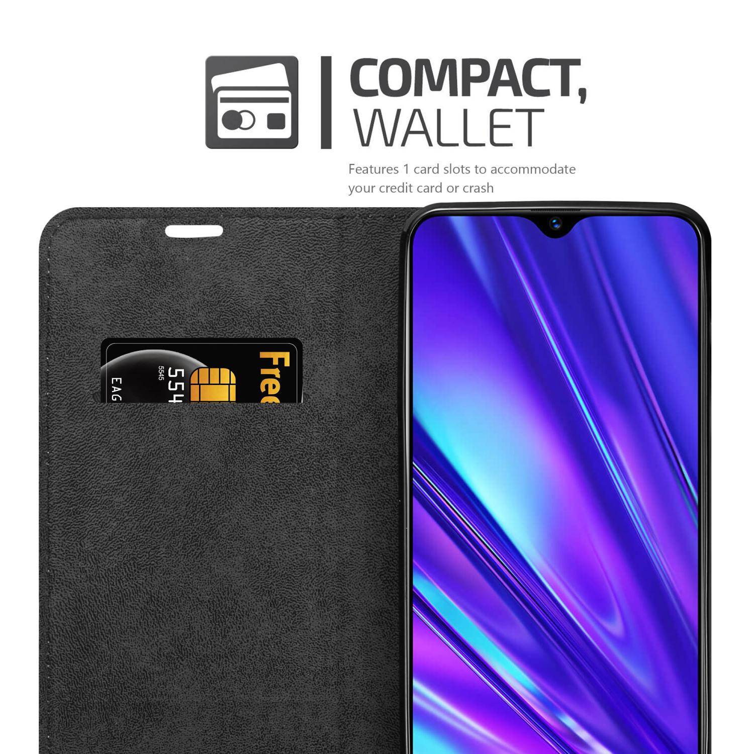 Cadorabo Hülle für Realme 5 / 5i / 6i / C3 Schutz Hülle in Schwarz Handyhülle Etui Case Cover Magnetverschluss
