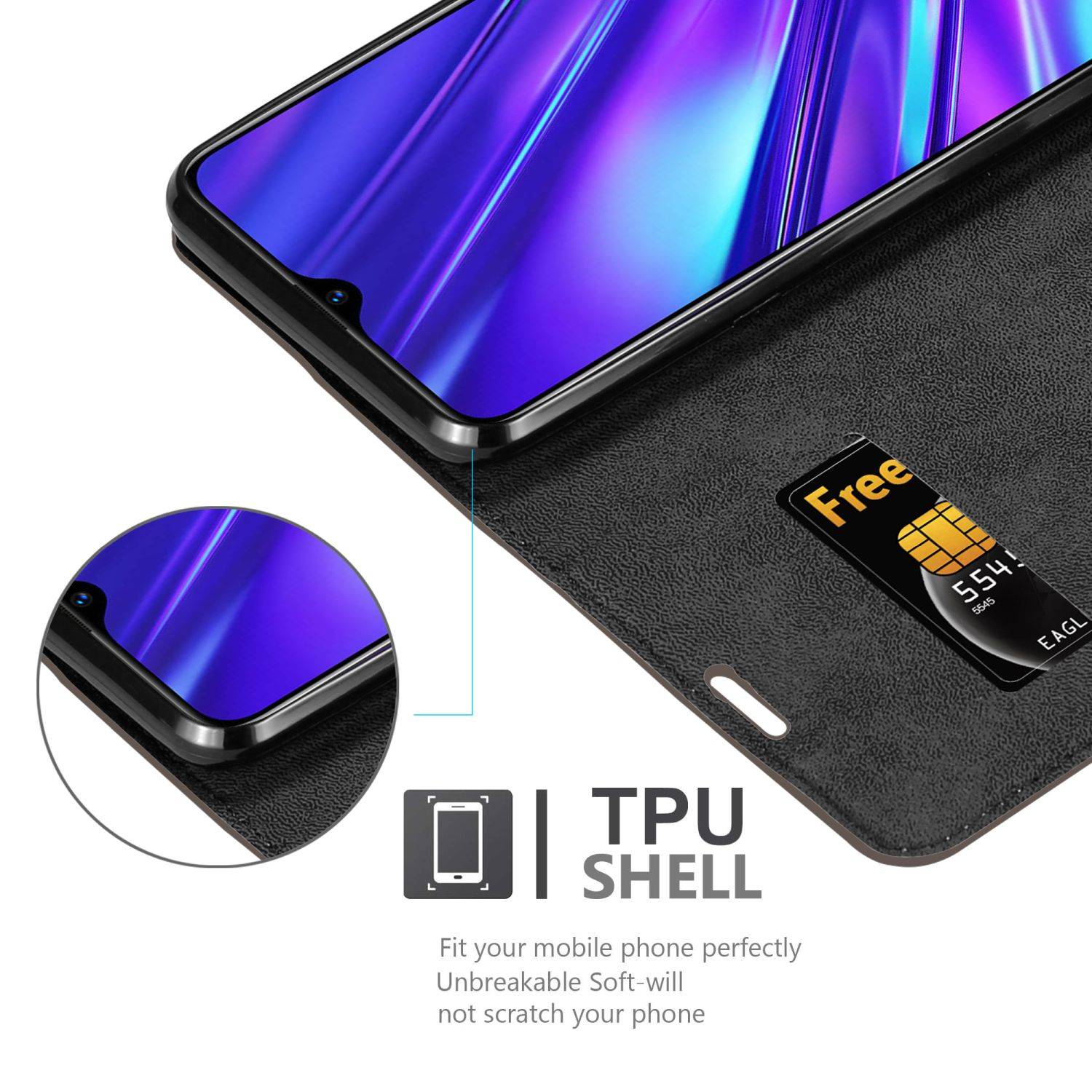 Cadorabo Hülle für Realme 5 / 5i / 6i / C3 Schutz Hülle in Braun Handyhülle Etui Case Cover Magnetverschluss