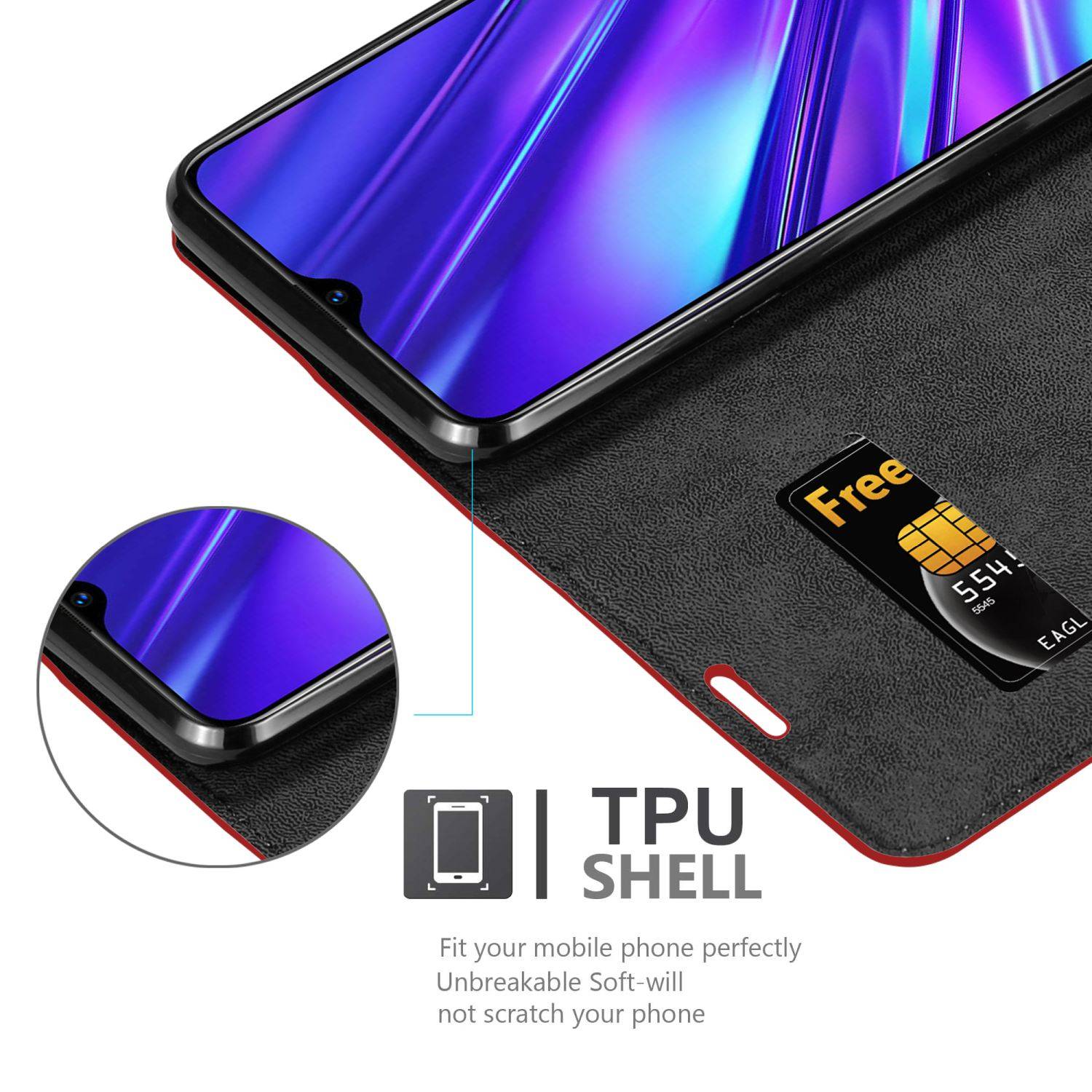 Cadorabo Hülle für Realme 5 / 5i / 6i / C3 Schutz Hülle in Rot Handyhülle Etui Case Cover Magnetverschluss