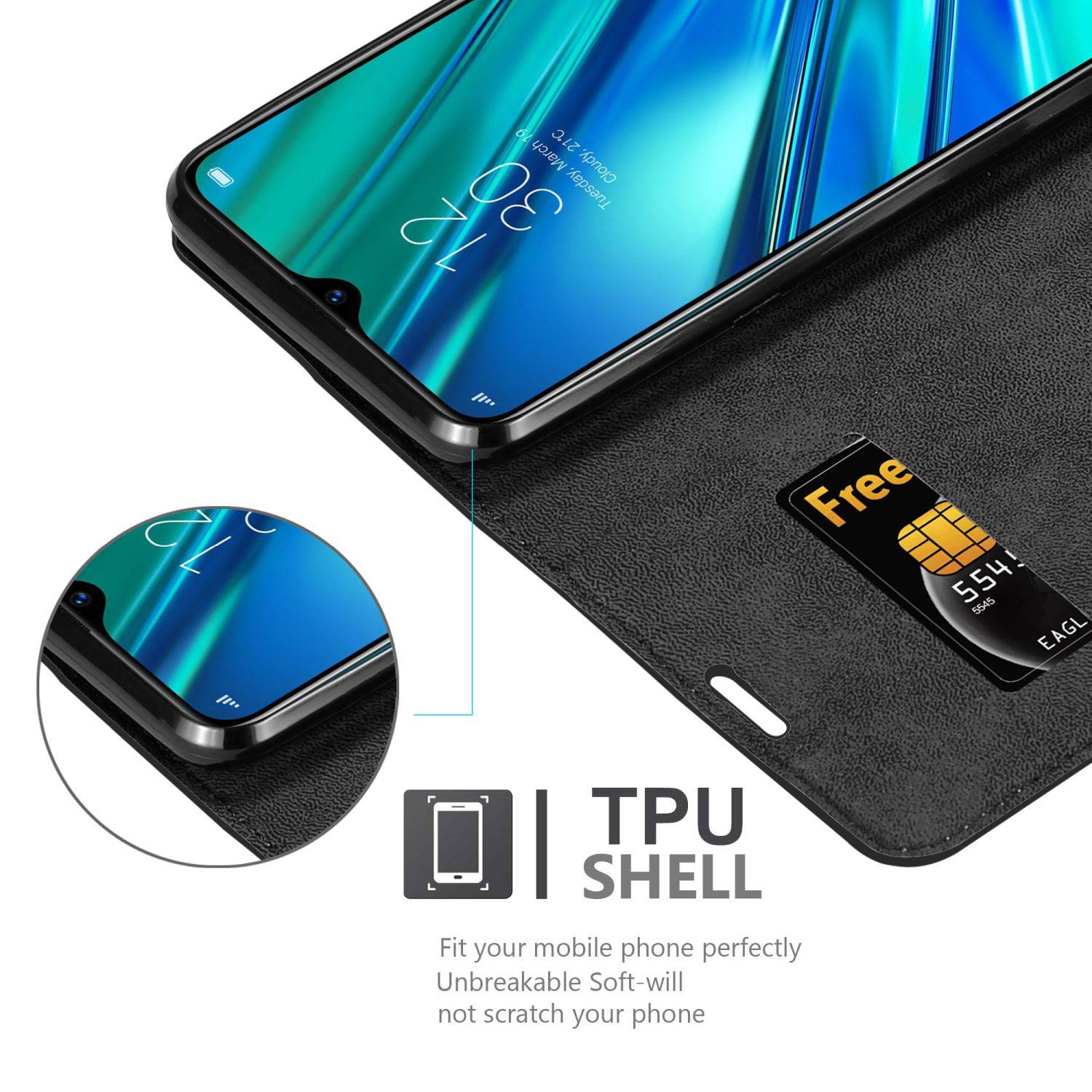 Cadorabo Hülle für Realme 5 PRO / Realme Q Schutz Hülle in Schwarz Handyhülle Etui Case Cover Magnetverschluss