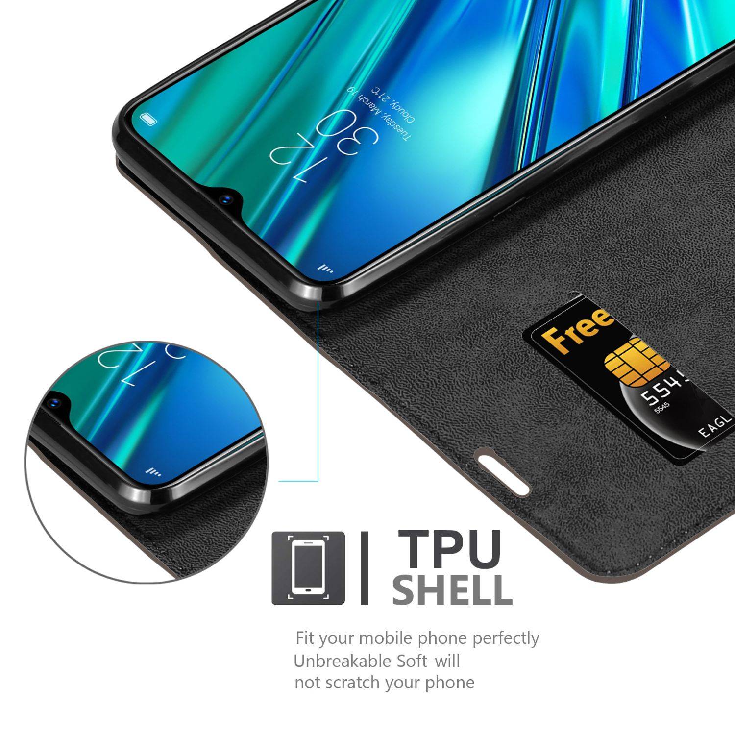 Cadorabo Hülle für Realme 5 PRO / Realme Q Schutz Hülle in Braun Handyhülle Etui Case Cover Magnetverschluss