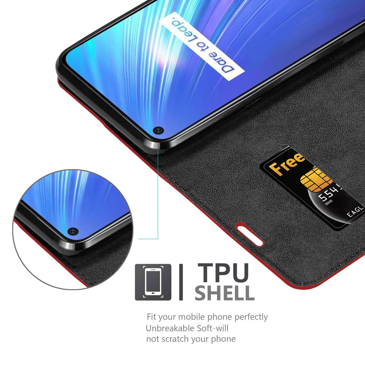 Cadorabo Hülle für Realme 6 4G / 6s Schutz Hülle in Rot Handyhülle Etui Case Cover Magnetverschluss