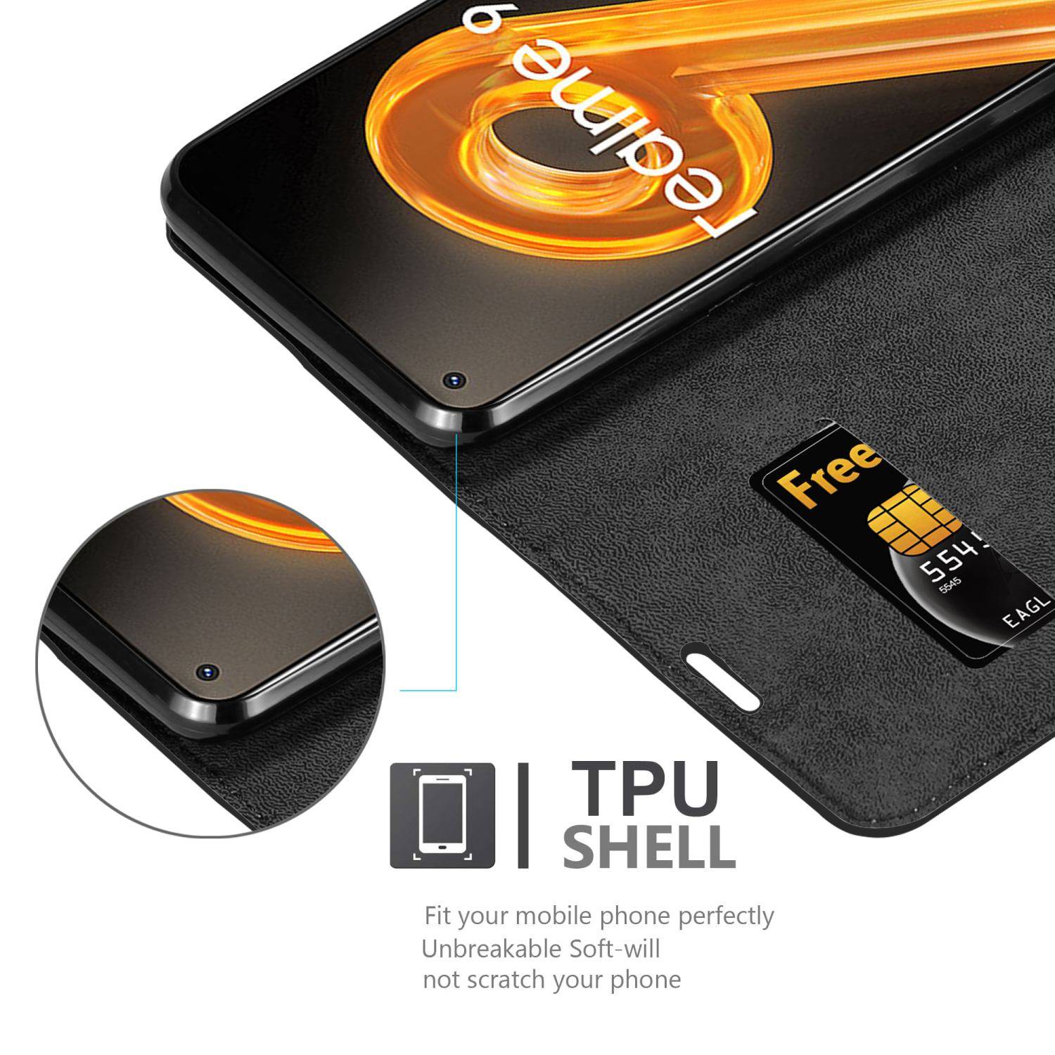 Cadorabo Hülle für Realme 9 4G / 9 PRO+ Schutz Hülle in Schwarz Handyhülle Etui Case Cover Magnetverschluss