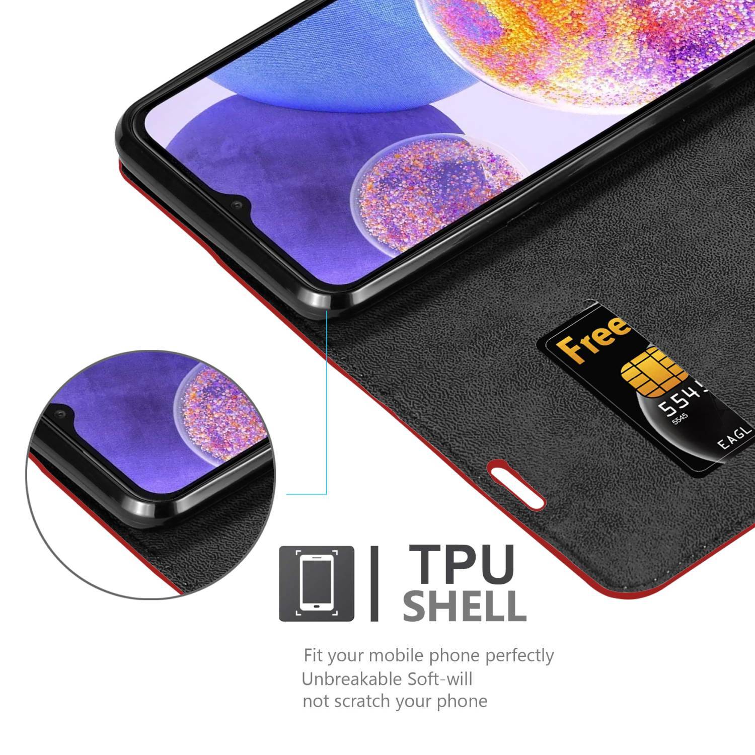 Cadorabo Hülle für Samsung Galaxy A23 4G Schutz Hülle in Rot Handyhülle Etui Case Cover Magnetverschluss