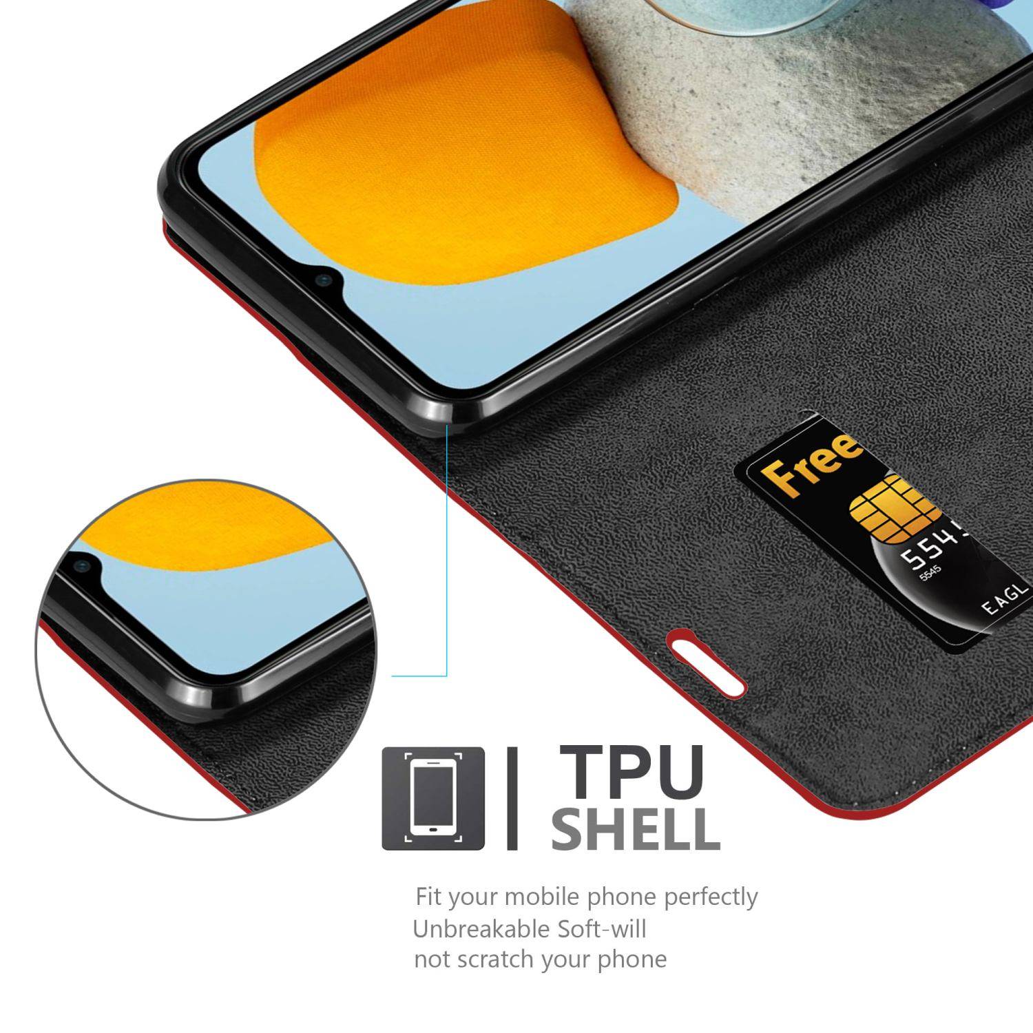 Cadorabo Hülle für Samsung Galaxy M23 5G Schutz Hülle in Rot Handyhülle Etui Case Cover Magnetverschluss