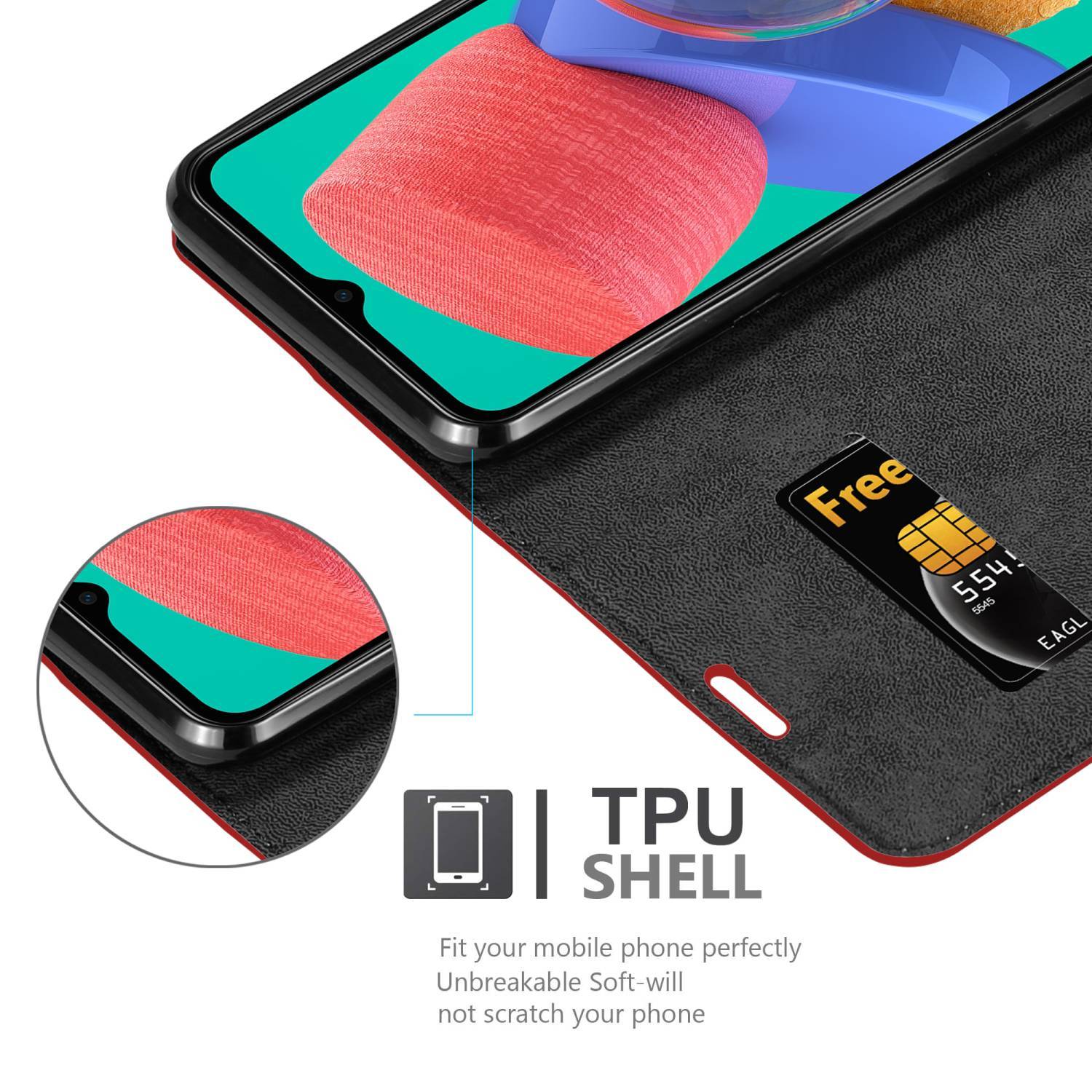 Cadorabo Hülle für Samsung Galaxy M33 5G Schutz Hülle in Rot Handyhülle Etui Case Cover Magnetverschluss