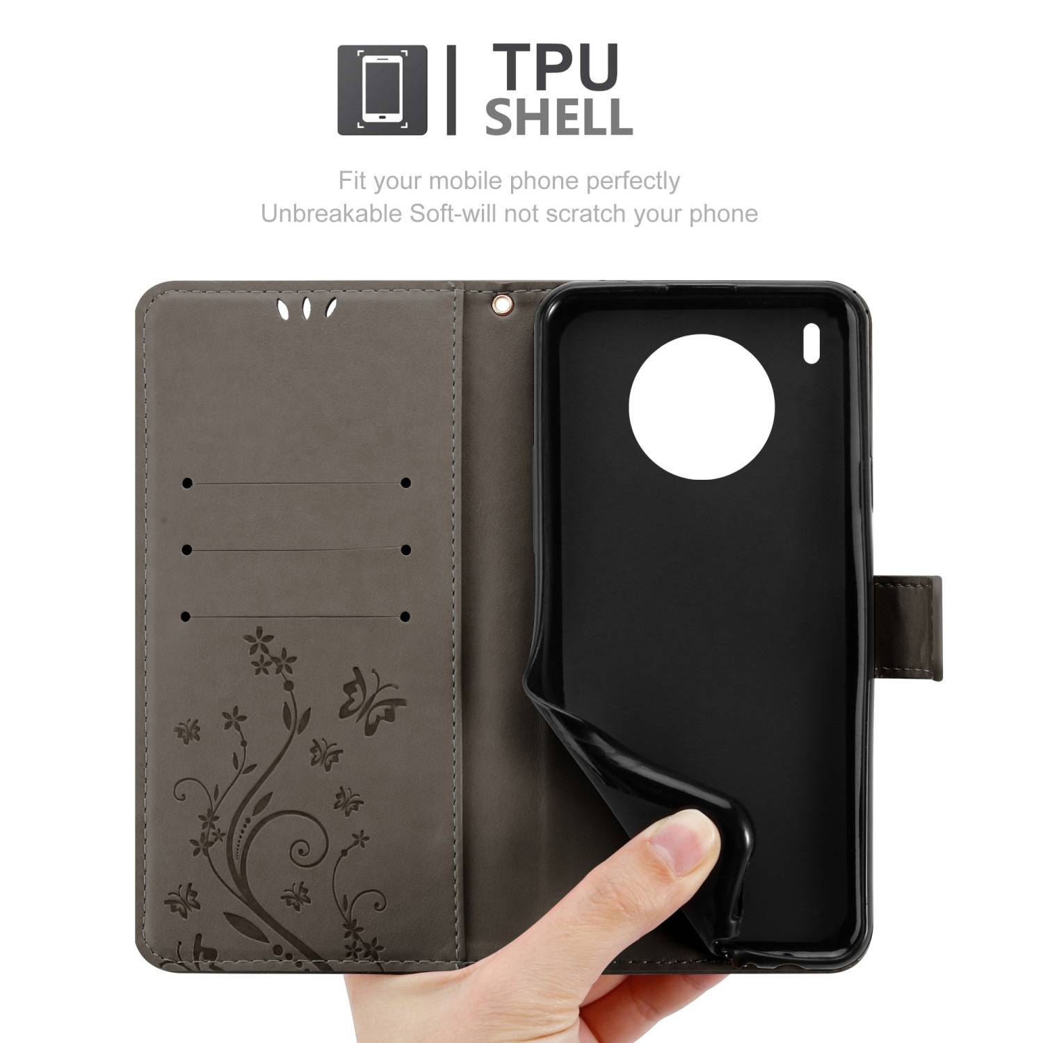 Cadorabo Hülle für Honor 50 LITE Schutz Hülle in Grau Schutzhülle Handy Hülle Etui Case Blumen Flower