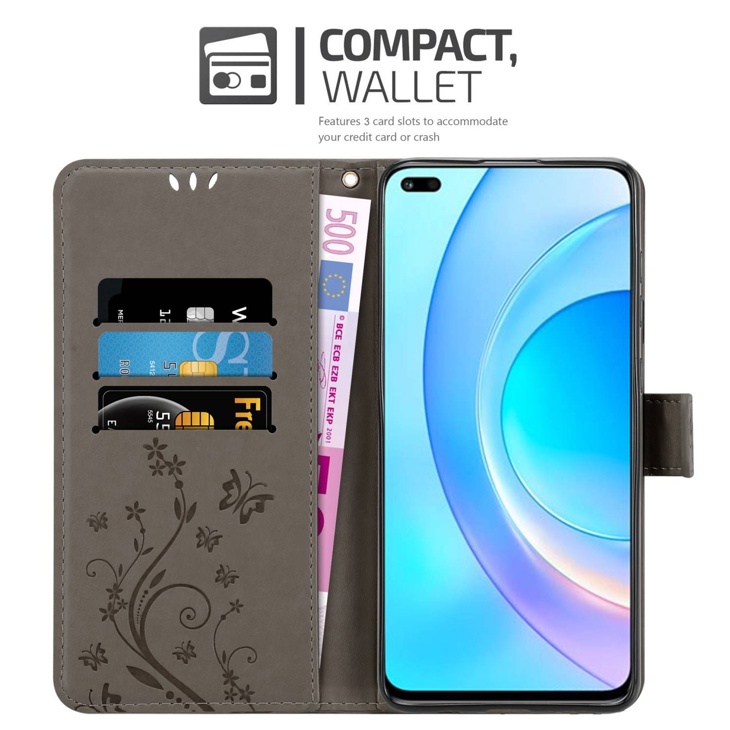 Cadorabo Hülle für Honor 50 LITE Schutz Hülle in Grau Schutzhülle Handy Hülle Etui Case Blumen Flower