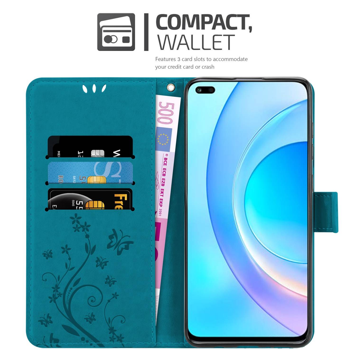 Cadorabo Hülle für Honor 50 LITE Schutz Hülle in Blau Schutzhülle Handy Hülle Etui Case Blumen Flower